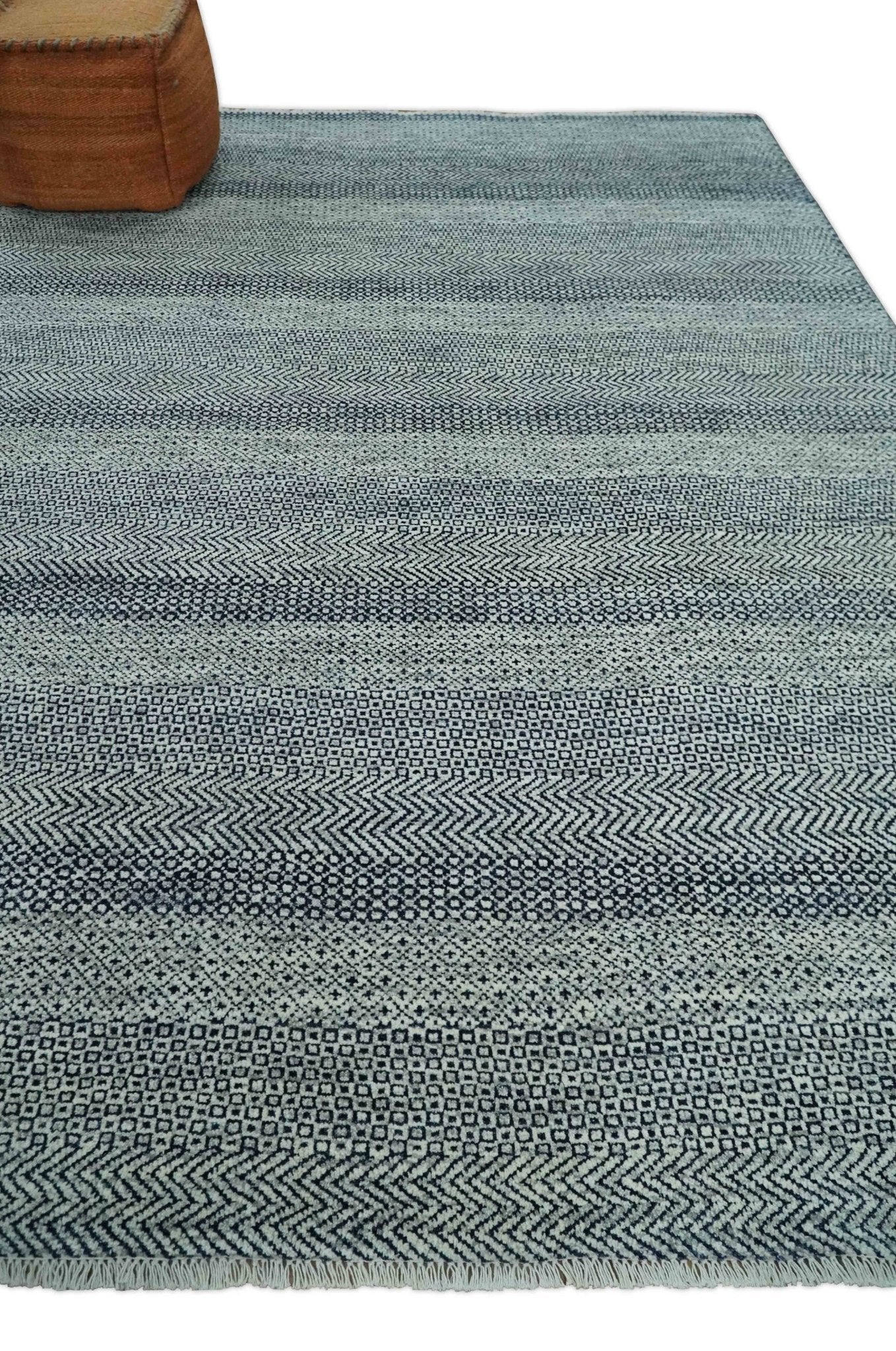 8x10 Hand Knotted Modern Geometric Trellis Scandinavian Blue, Ivory and Silver Wool Area Rug | TRDCP938810 - Image 3