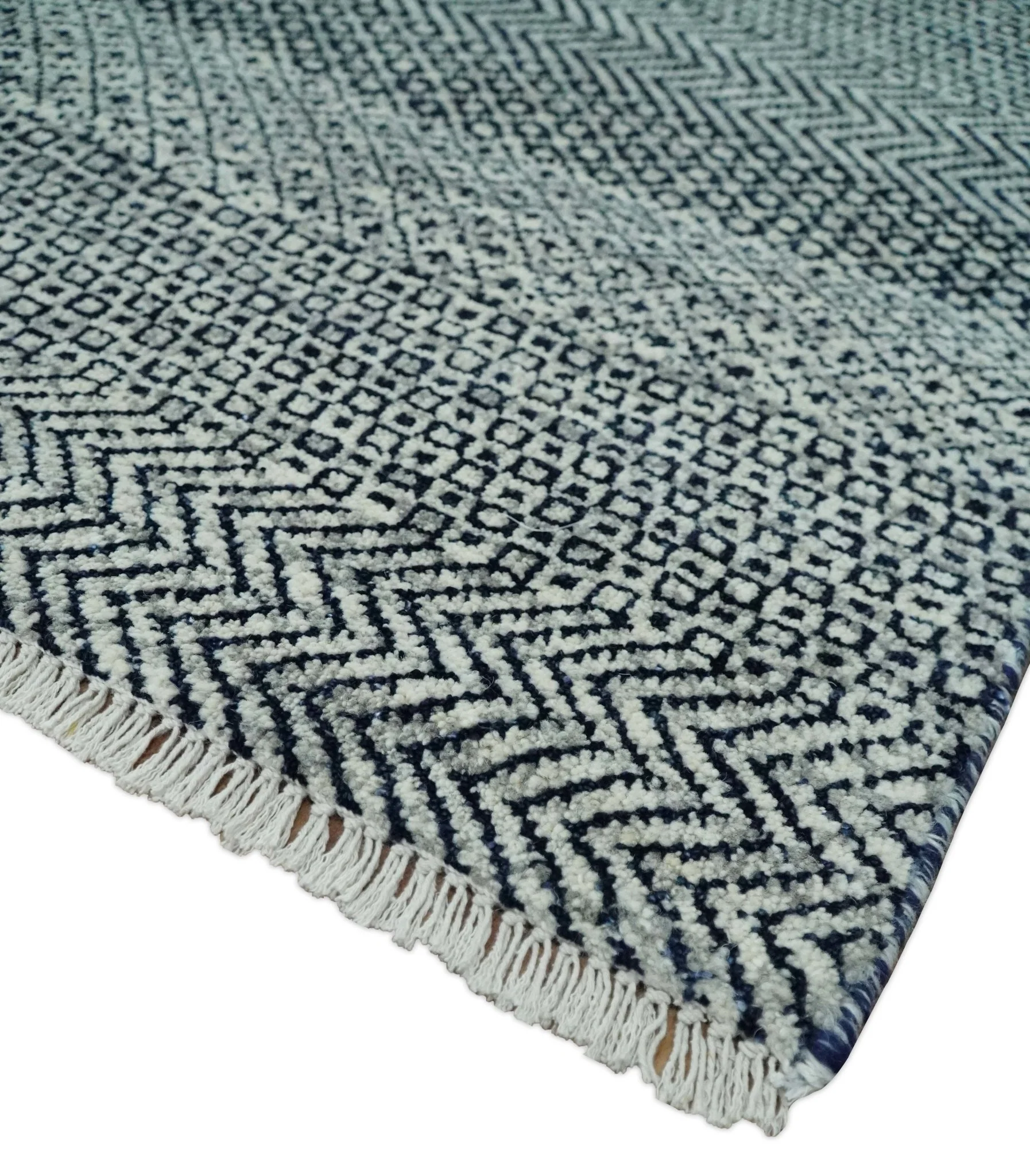 8x10 Hand Knotted Modern Geometric Trellis Scandinavian Blue, Ivory and Silver Wool Area Rug | TRDCP938810 - Image 4
