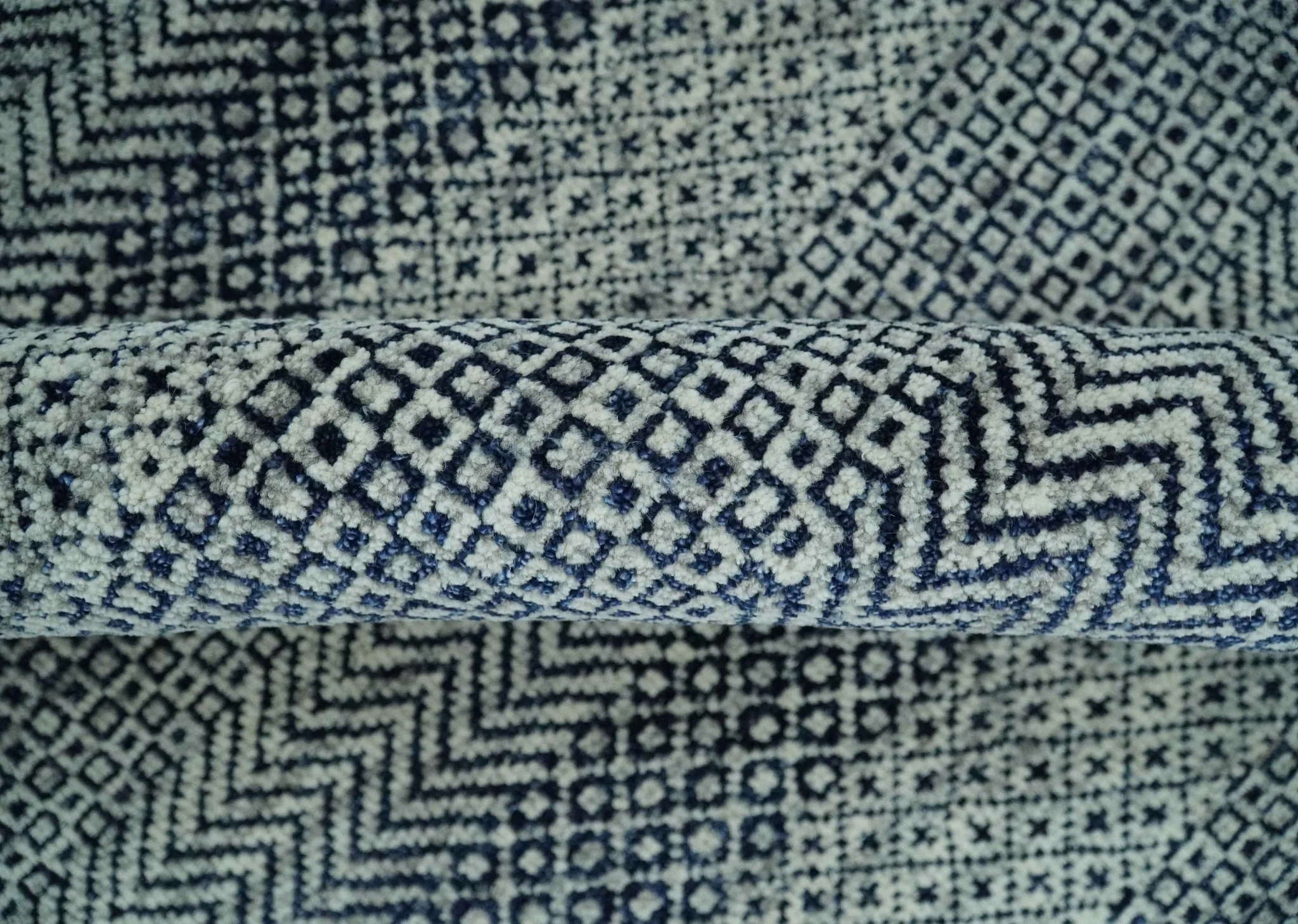 8x10 Hand Knotted Modern Geometric Trellis Scandinavian Blue, Ivory and Silver Wool Area Rug | TRDCP938810 - Image 6