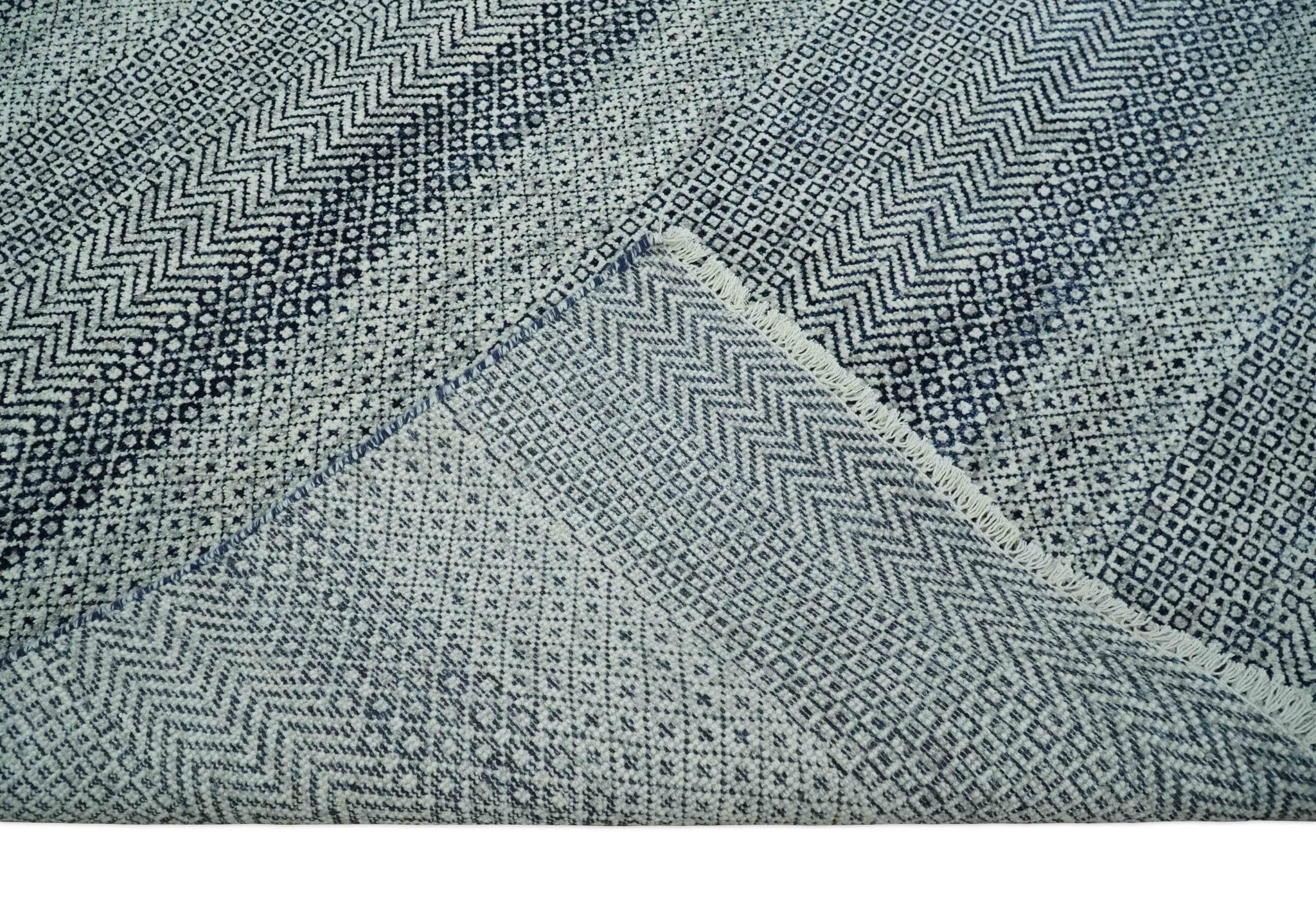 8x10 Hand Knotted Modern Geometric Trellis Scandinavian Blue, Ivory and Silver Wool Area Rug | TRDCP938810 - Image 7