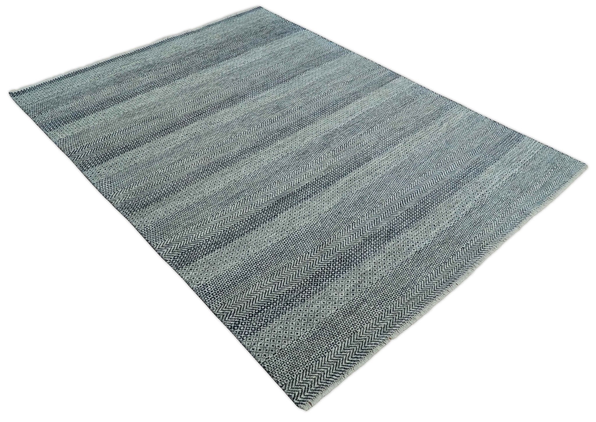 8x10 Hand Knotted Modern Geometric Trellis Scandinavian Blue, Ivory and Silver Wool Area Rug | TRDCP938810 - Image 9