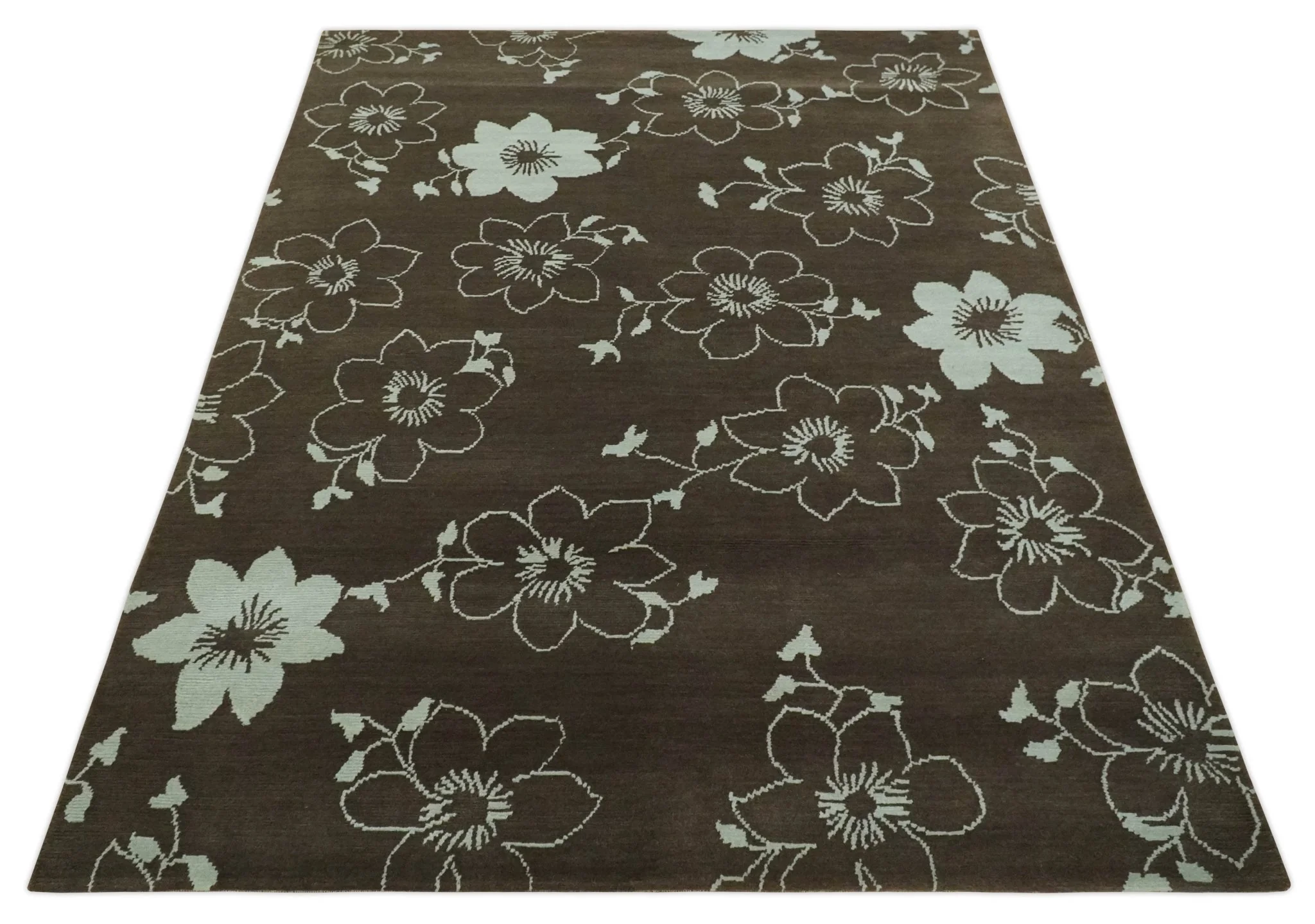 Floral 6x7.6 Brown and Ivory Hand Knotted Wool Area Rug - Image 10