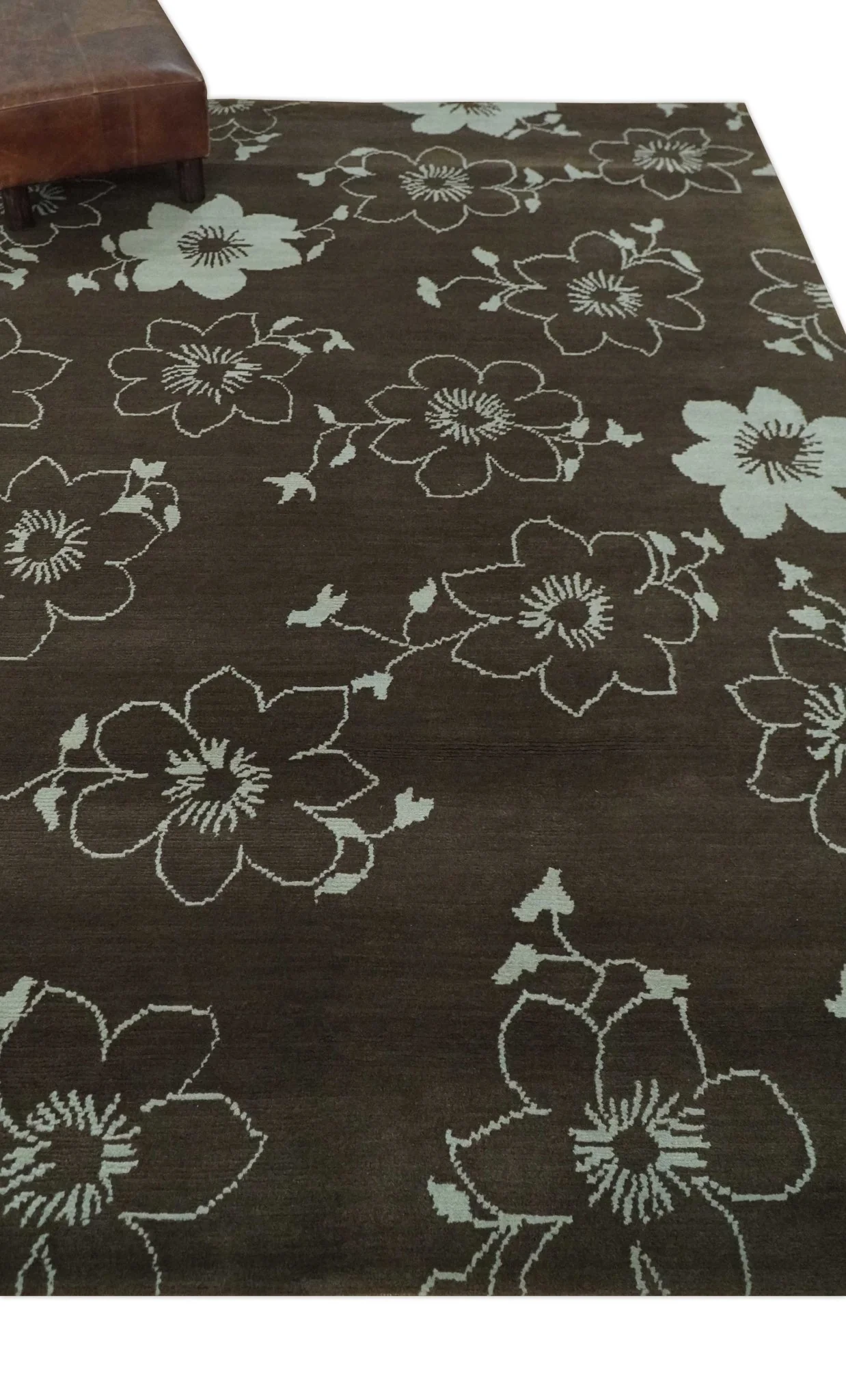 Floral 6x7.6 Brown and Ivory Hand Knotted Wool Area Rug - Image 3