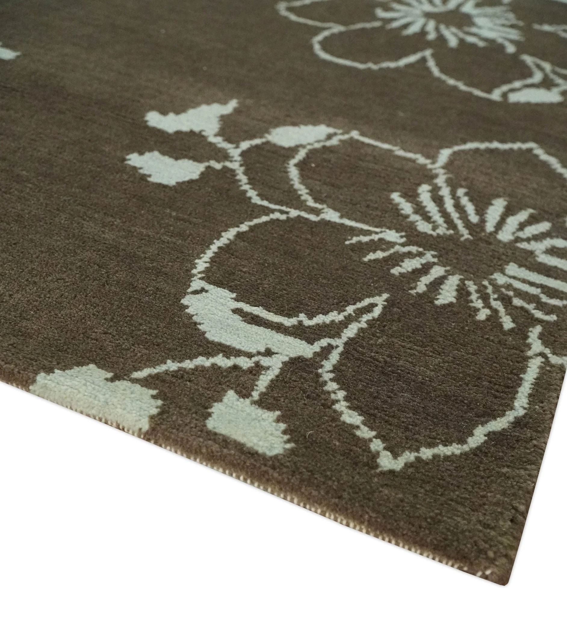Floral 6x7.6 Brown and Ivory Hand Knotted Wool Area Rug - Image 5