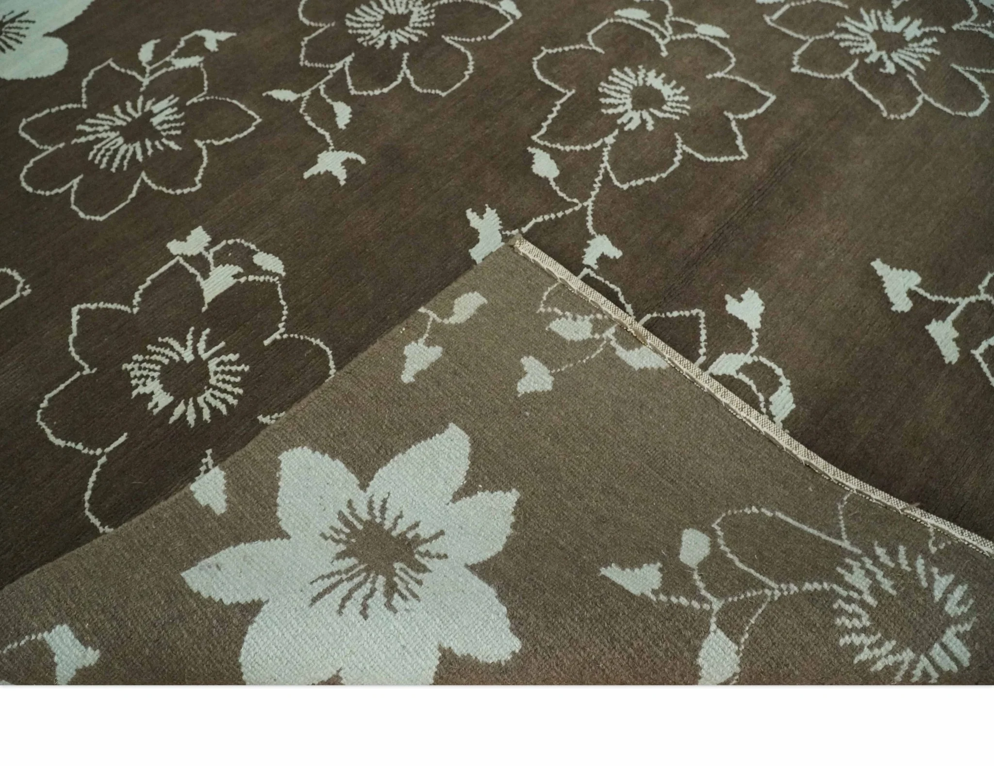 Floral 6x7.6 Brown and Ivory Hand Knotted Wool Area Rug - Image 7
