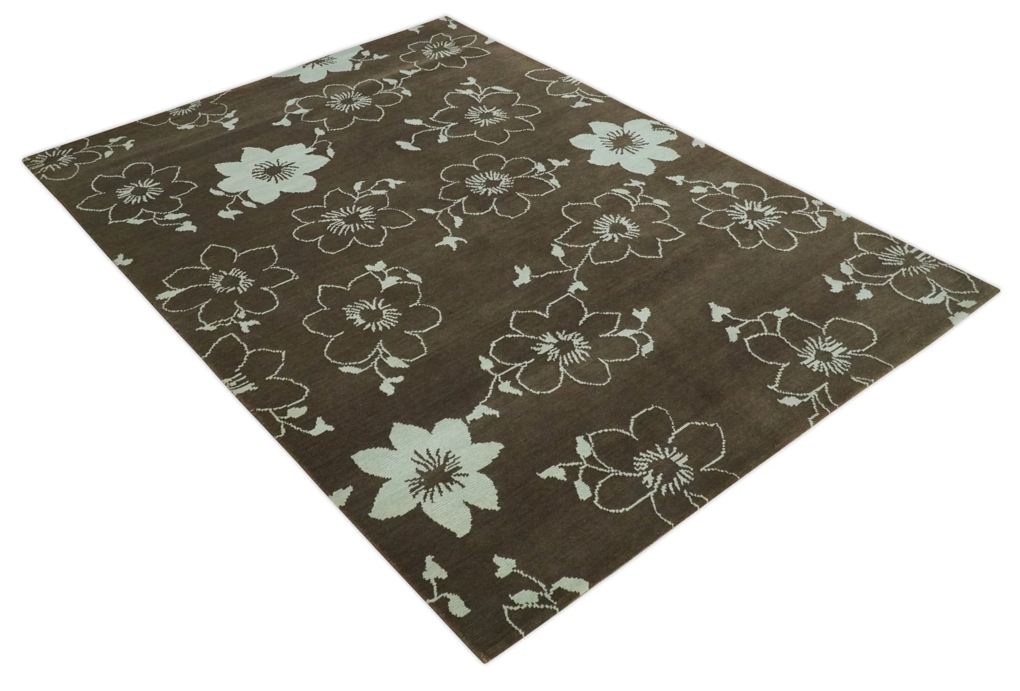 Floral 6x7.6 Brown and Ivory Hand Knotted Wool Area Rug - Image 9