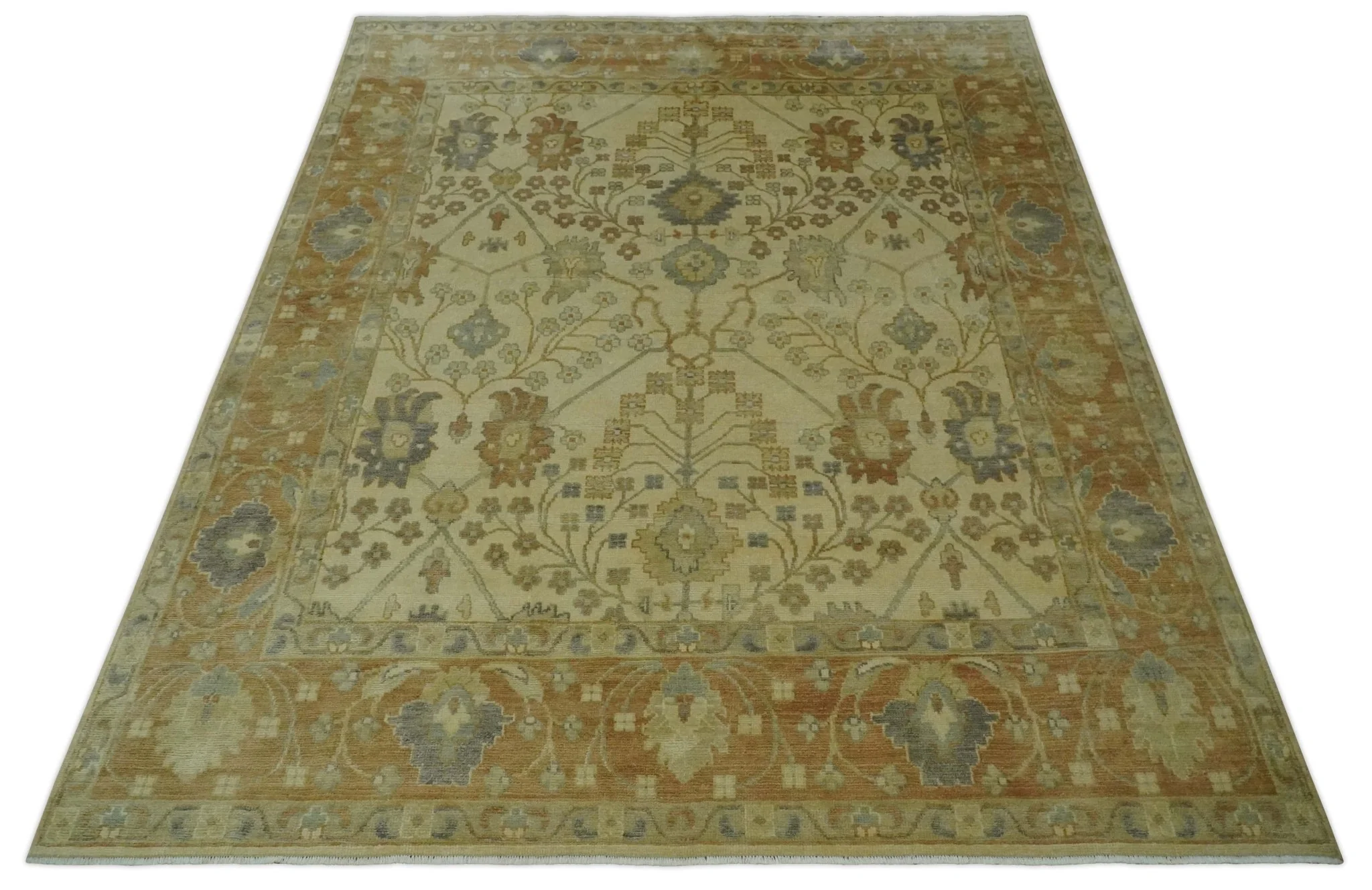 Antique Floral Beige, Olive and Rust Hand knotted Oriental Oushak 8x10 wool Area rug - Image 10