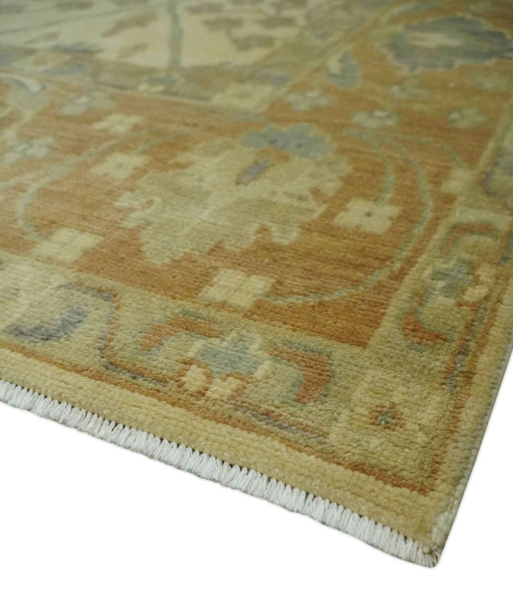 Antique Floral Beige, Olive and Rust Hand knotted Oriental Oushak 8x10 wool Area rug - Image 5