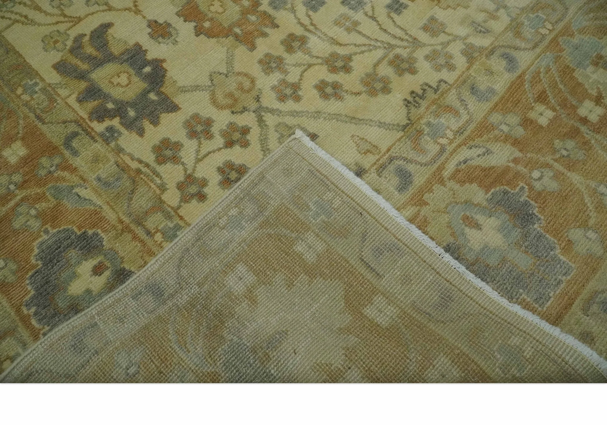 Antique Floral Beige, Olive and Rust Hand knotted Oriental Oushak 8x10 wool Area rug - Image 7
