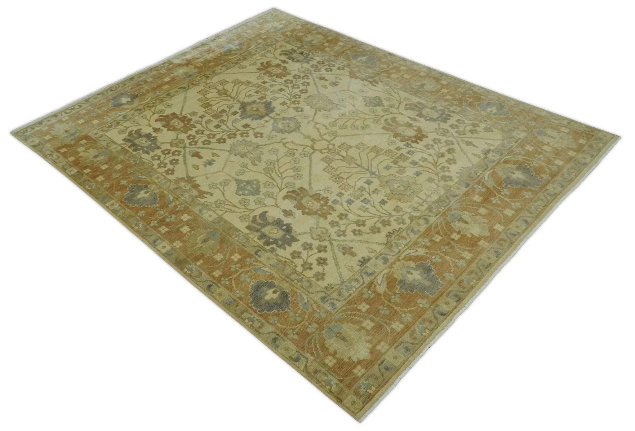 Antique Floral Beige, Olive and Rust Hand knotted Oriental Oushak 8x10 wool Area rug - Image 9