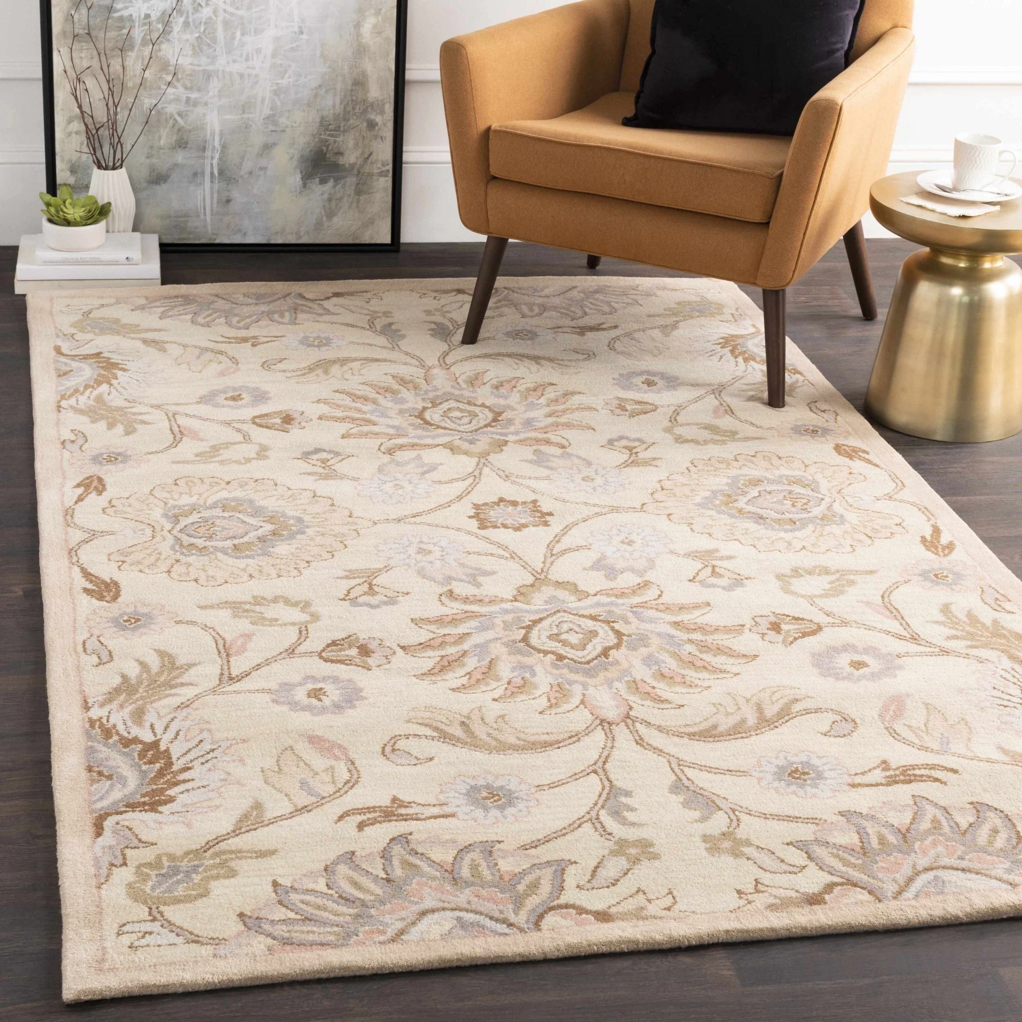 Floral Beige, Tan, Violet and Brown Traditional Hand Tufted wool area Rug - Image 2