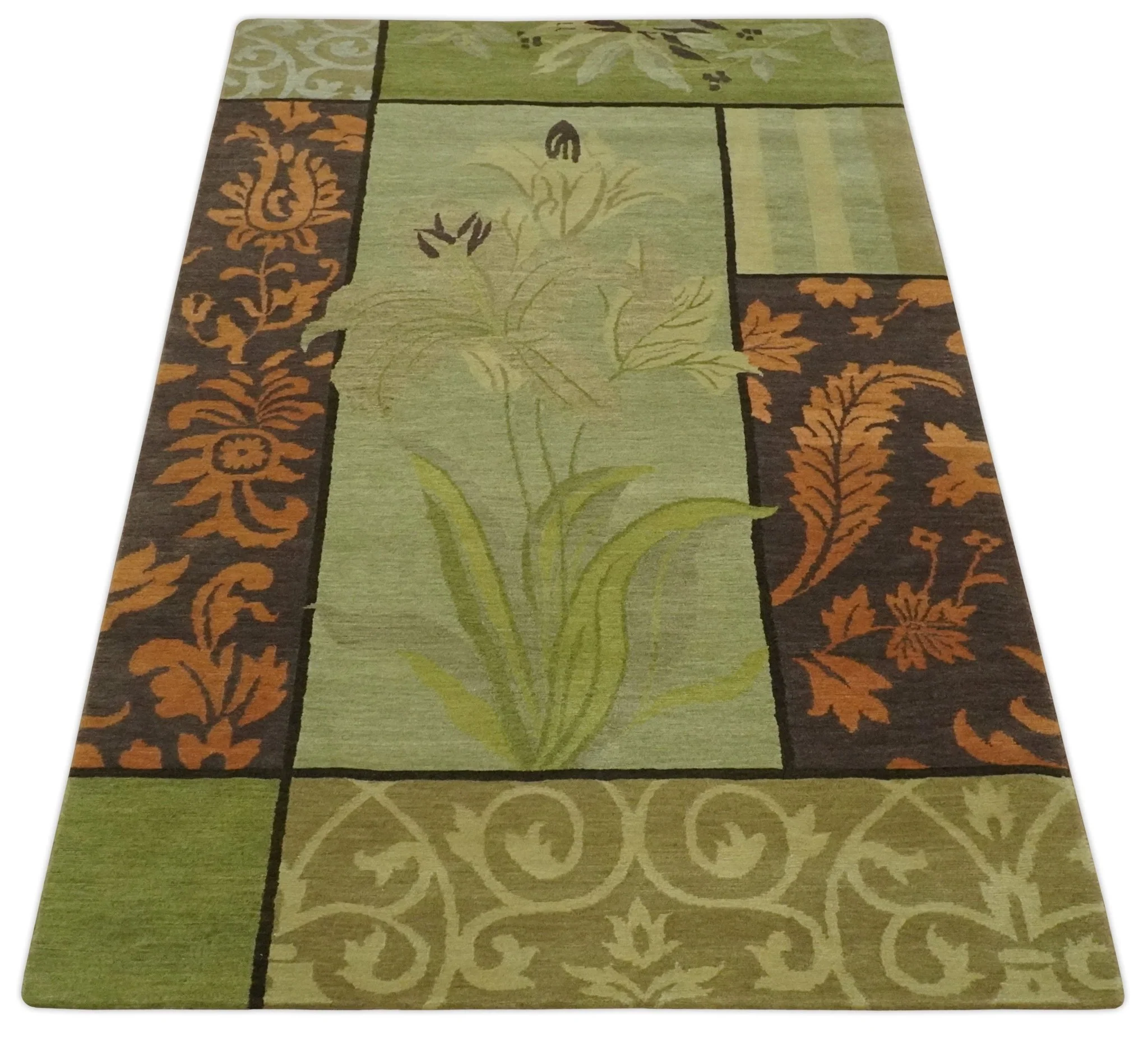 Traditional Floral Block Design Green, Brown and Rust Hand knotted 5x8 Indoor wool Area Rug - Image 10