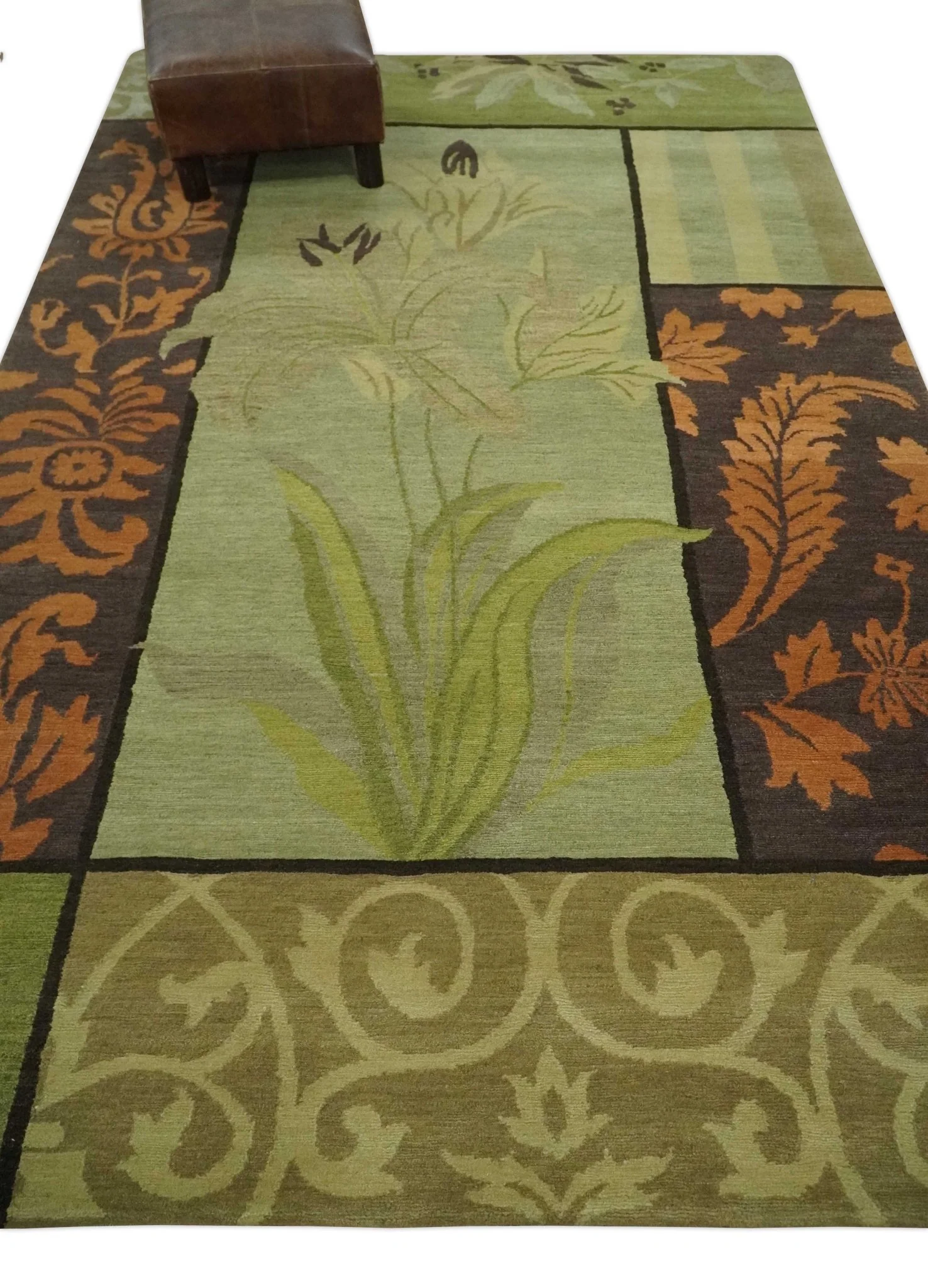 Traditional Floral Block Design Green, Brown and Rust Hand knotted 5x8 Indoor wool Area Rug - Image 3