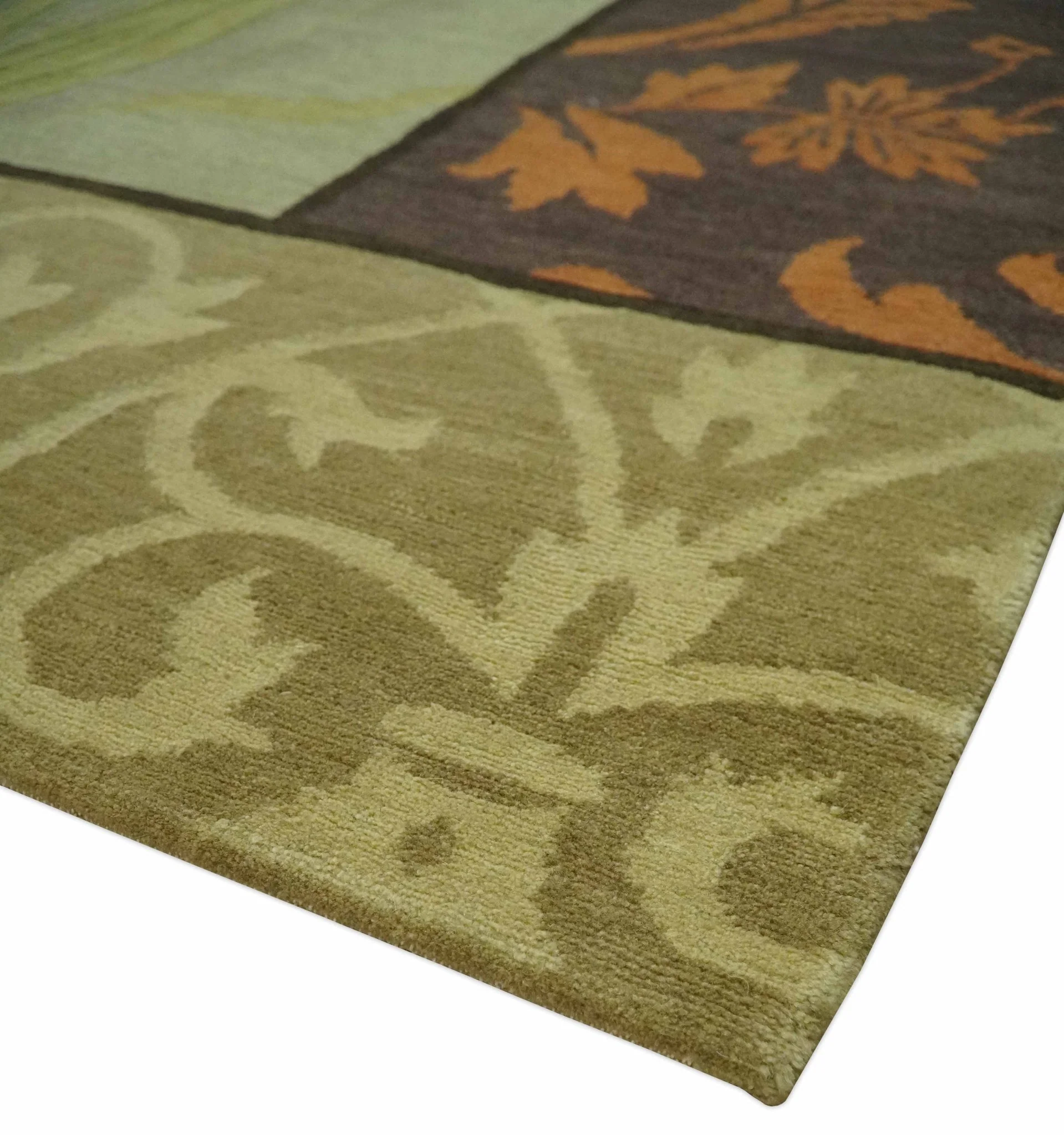 Traditional Floral Block Design Green, Brown and Rust Hand knotted 5x8 Indoor wool Area Rug - Image 5