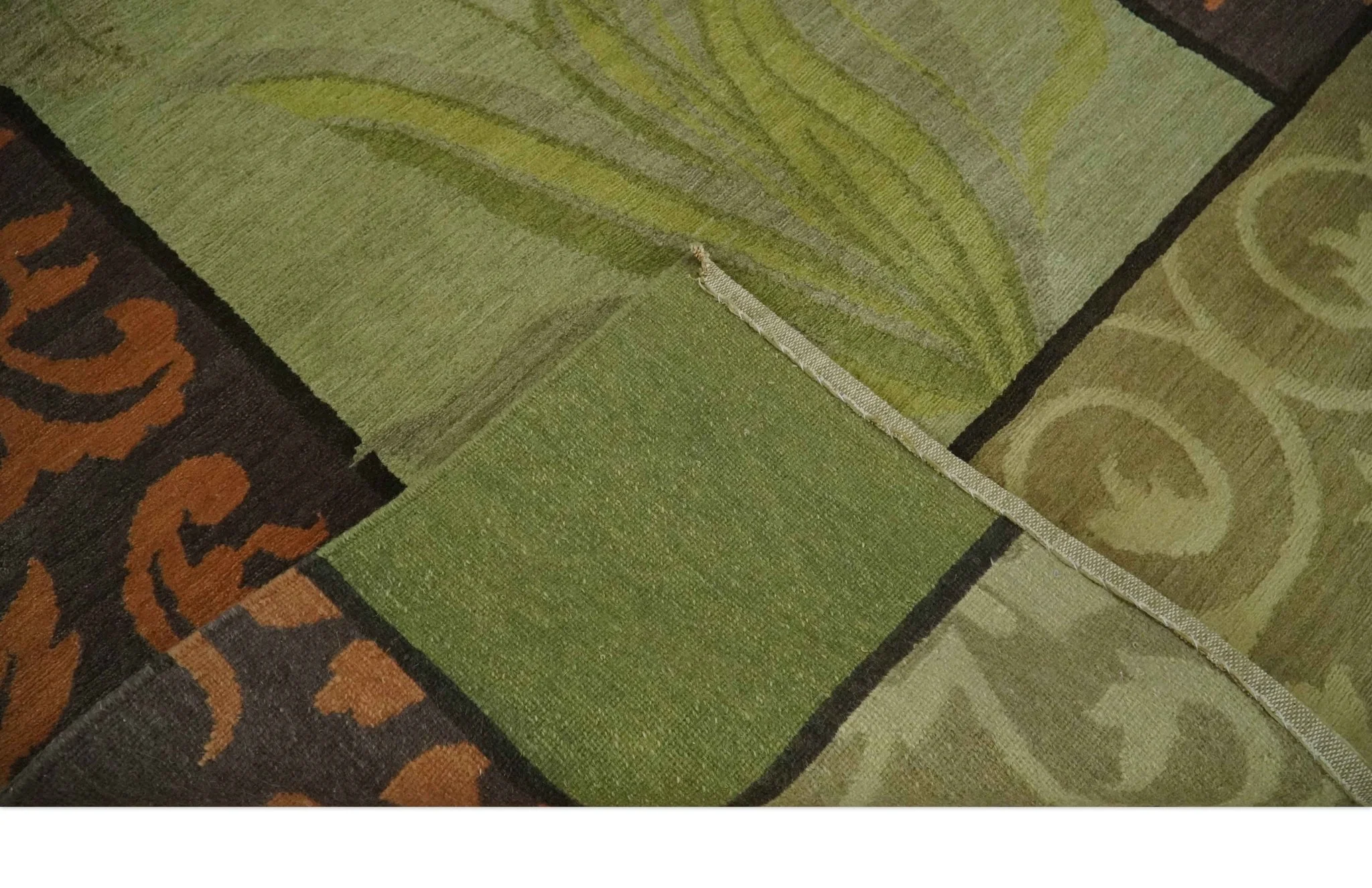 Traditional Floral Block Design Green, Brown and Rust Hand knotted 5x8 Indoor wool Area Rug - Image 6