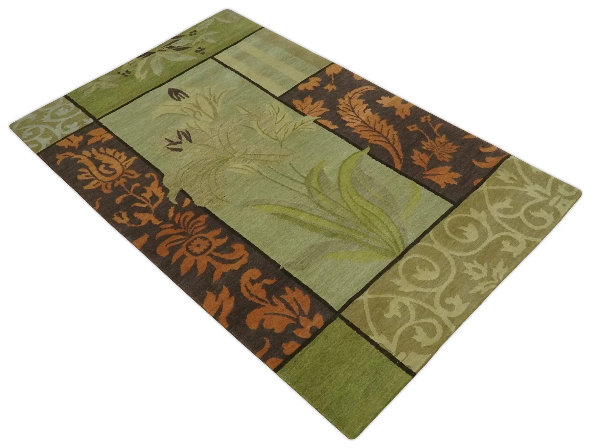 Traditional Floral Block Design Green, Brown and Rust Hand knotted 5x8 Indoor wool Area Rug - Image 9