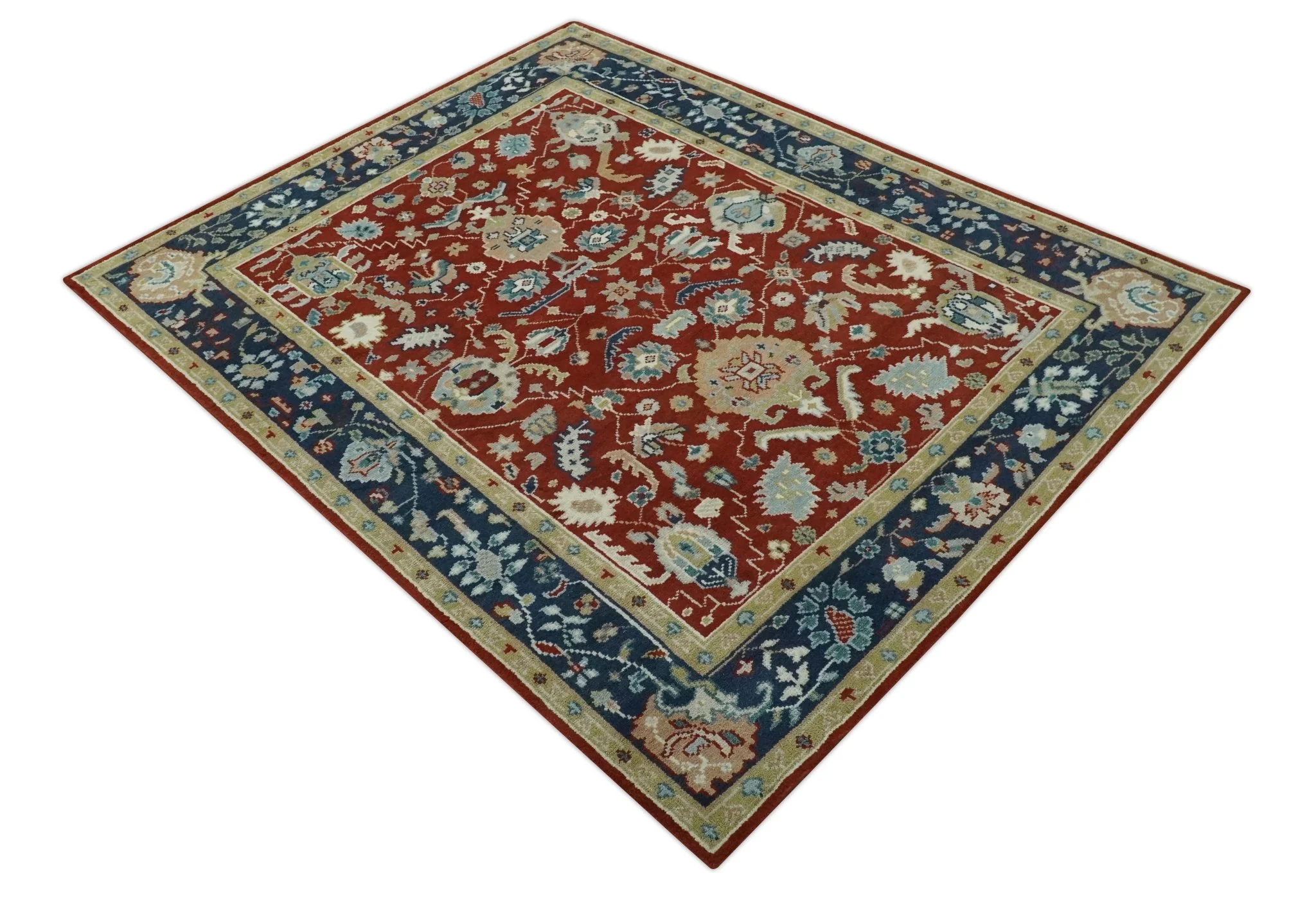 8x10 Floral Brown, Blue and Beige Hand Knotted Oriental Oushak wool Rug - Image 10