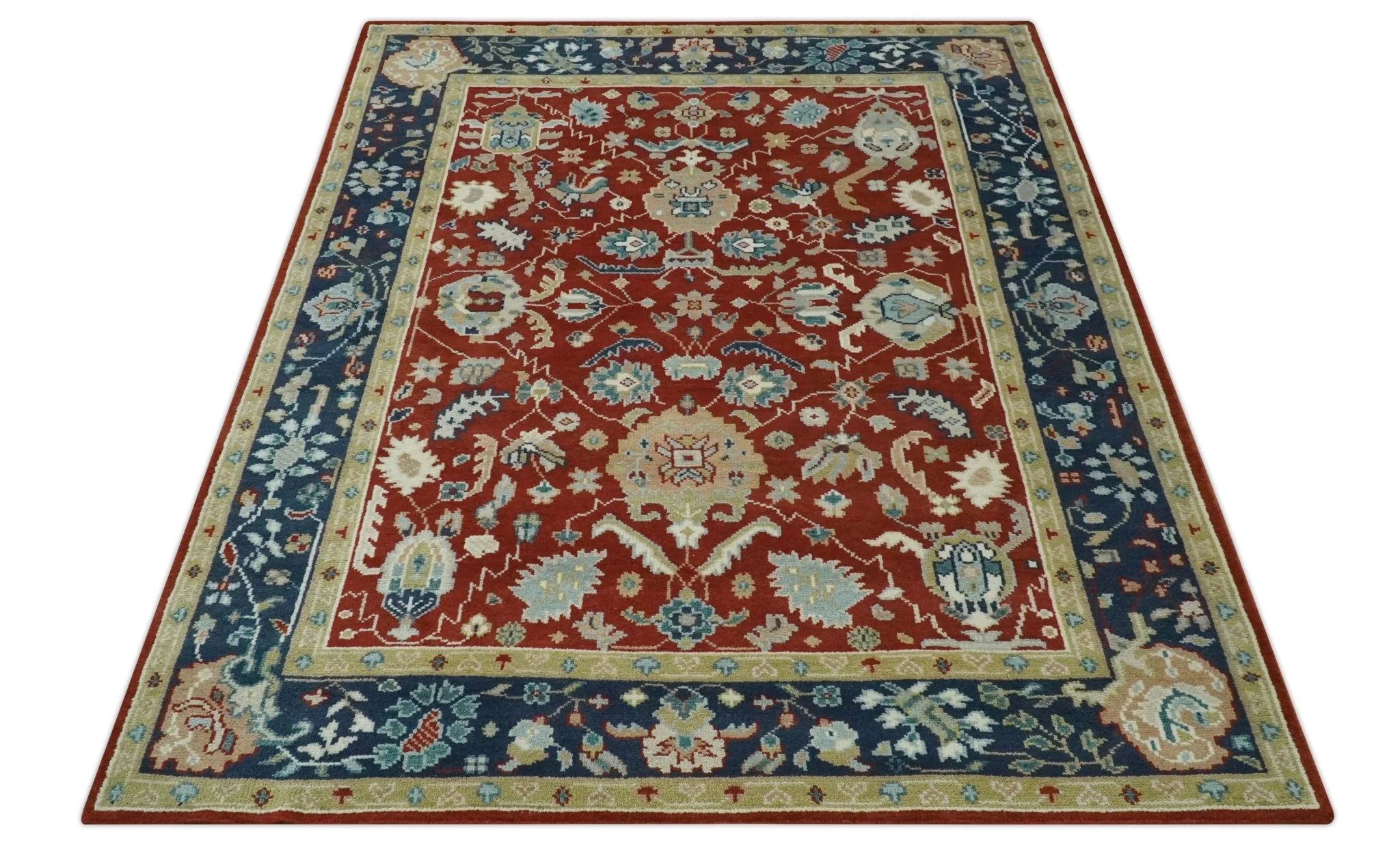 8x10 Floral Brown, Blue and Beige Hand Knotted Oriental Oushak wool Rug - Image 11