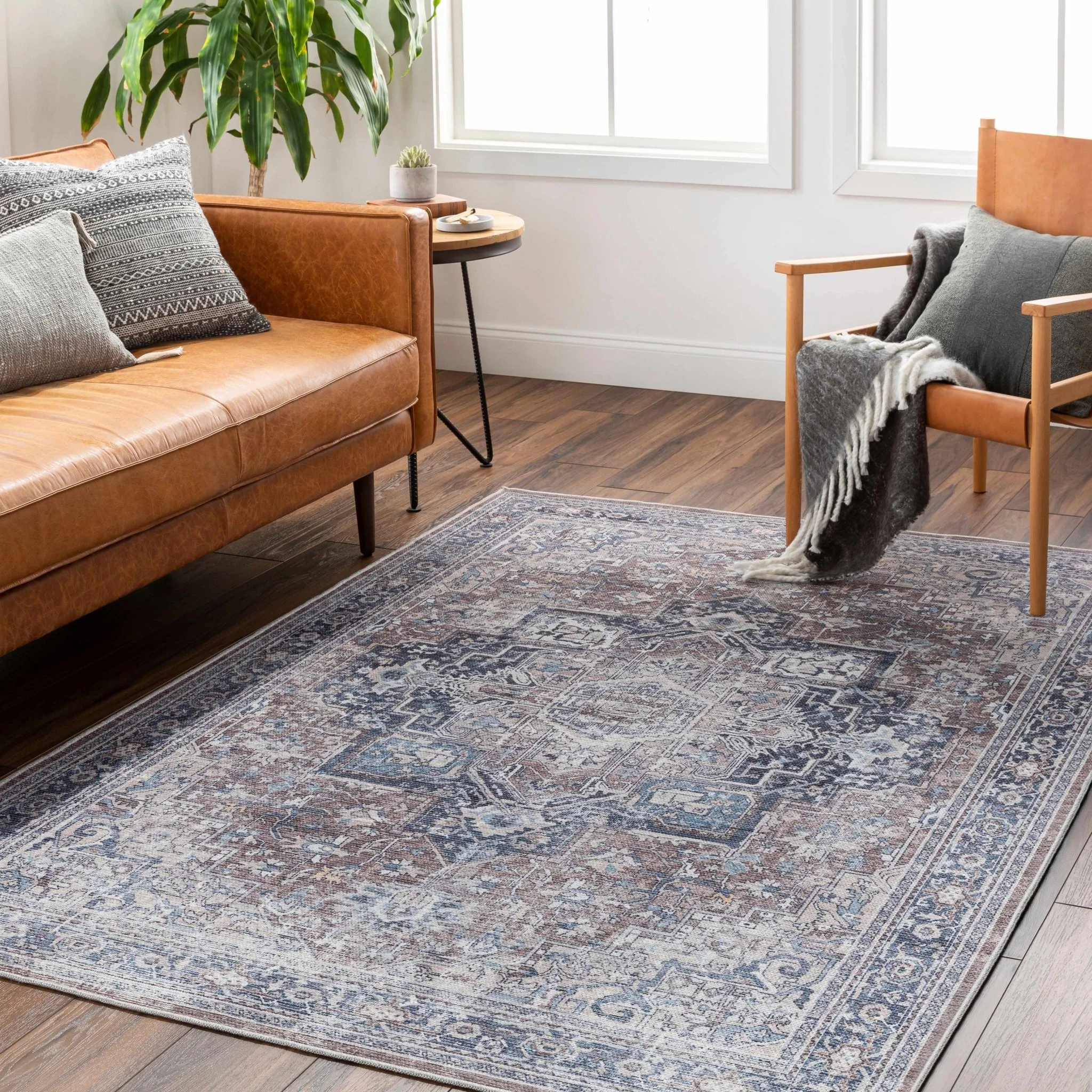 Vintage Style Floral Brown, Blue and Peach Traditional Washable Area Rug - Image 2