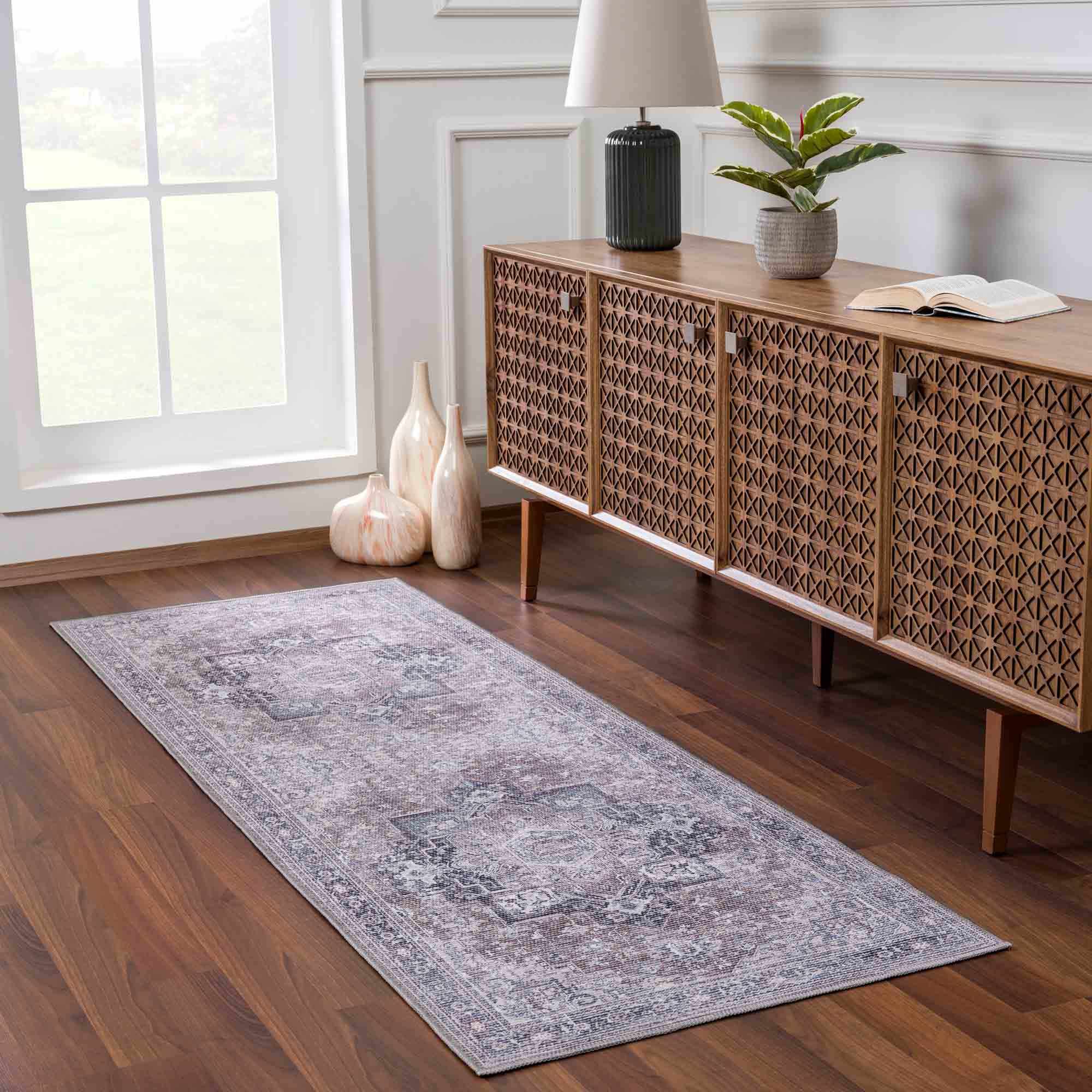 Vintage Style Floral Brown, Blue and Peach Traditional Washable Area Rug - Image 3