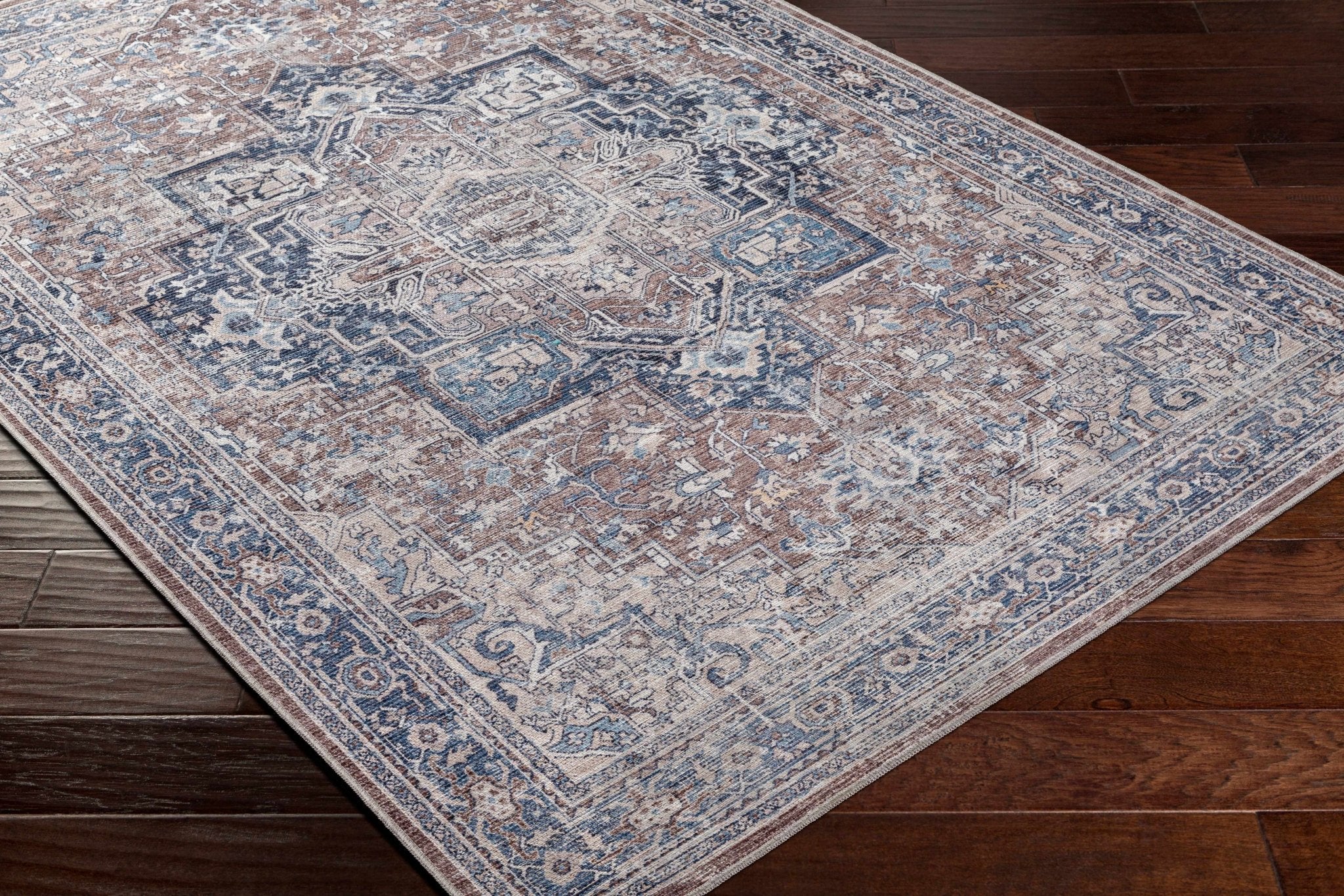 Vintage Style Floral Brown, Blue and Peach Traditional Washable Area Rug - Image 5
