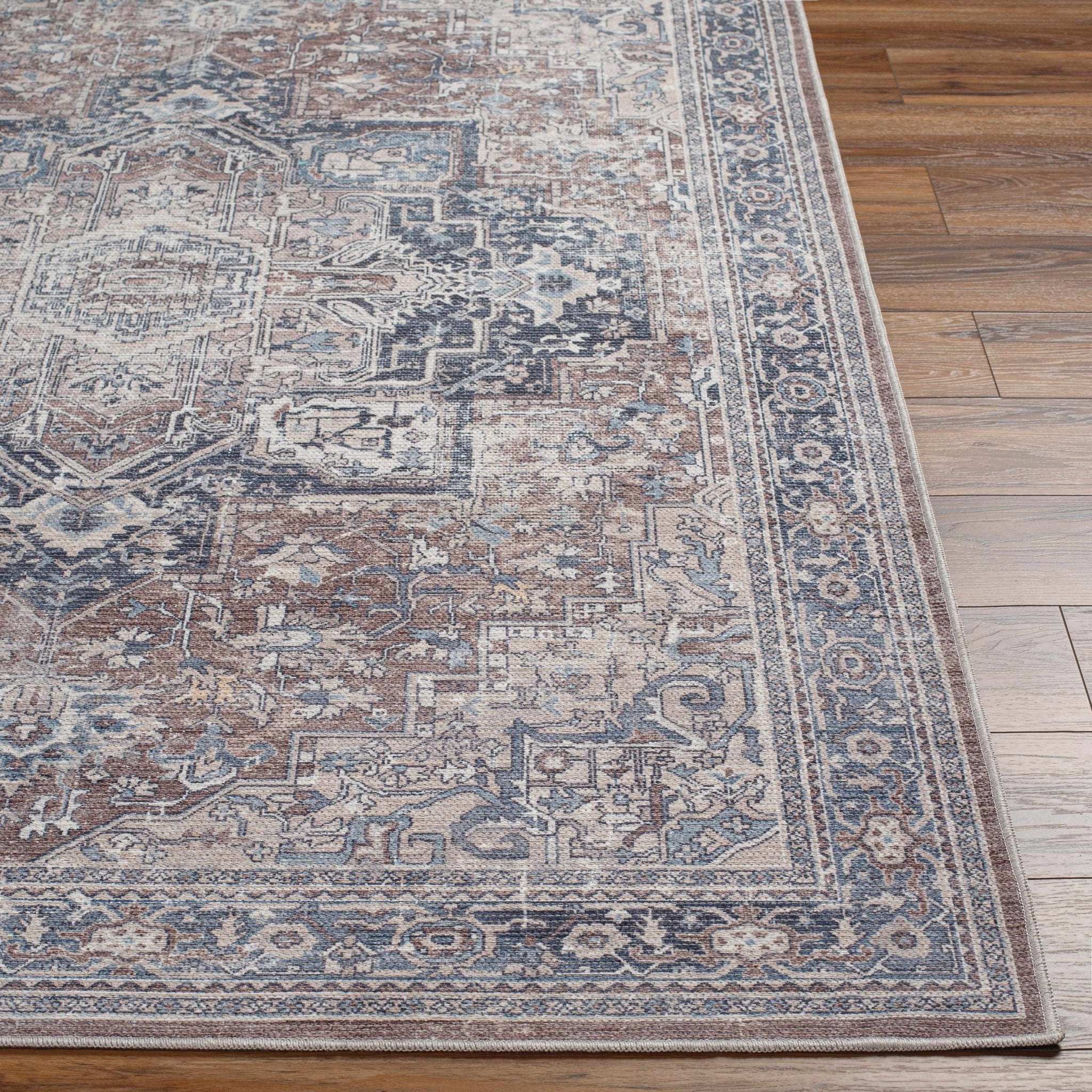 Vintage Style Floral Brown, Blue and Peach Traditional Washable Area Rug - Image 6