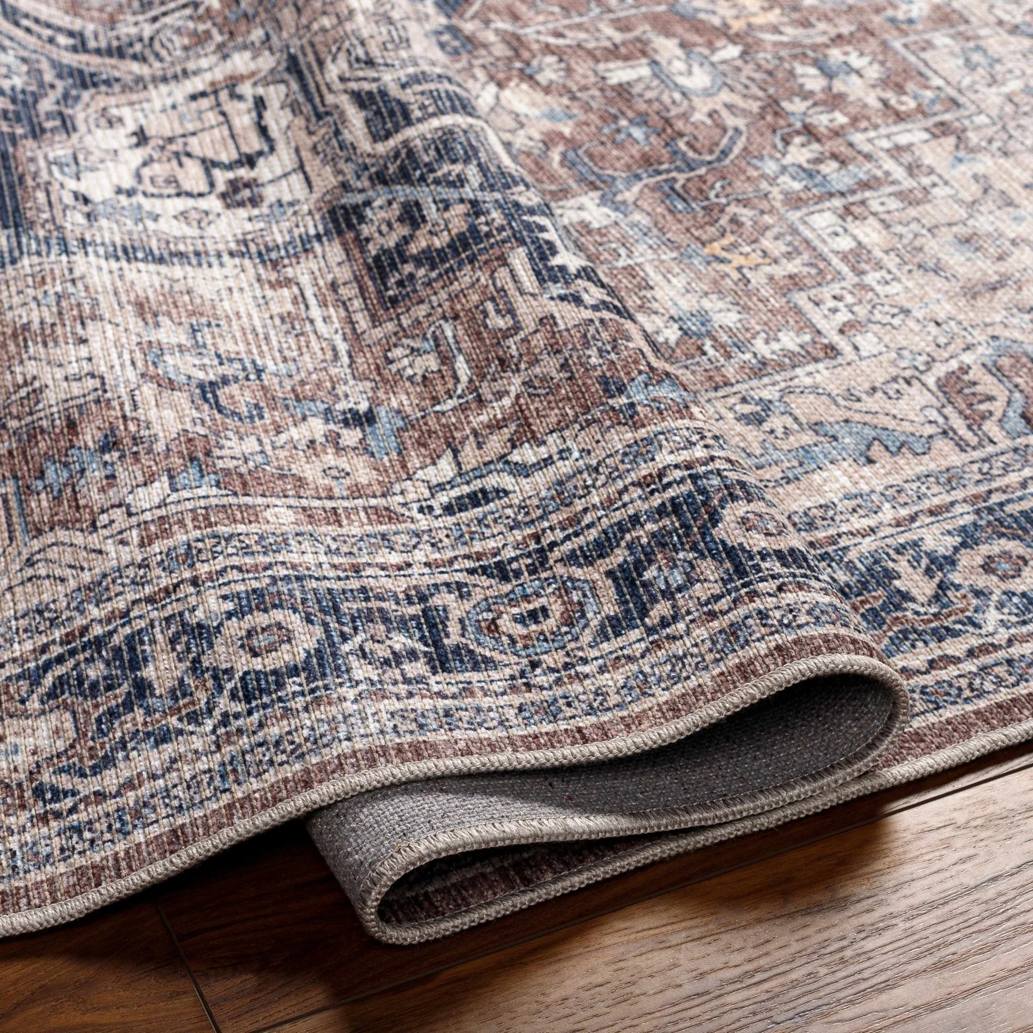 Vintage Style Floral Brown, Blue and Peach Traditional Washable Area Rug - Image 7