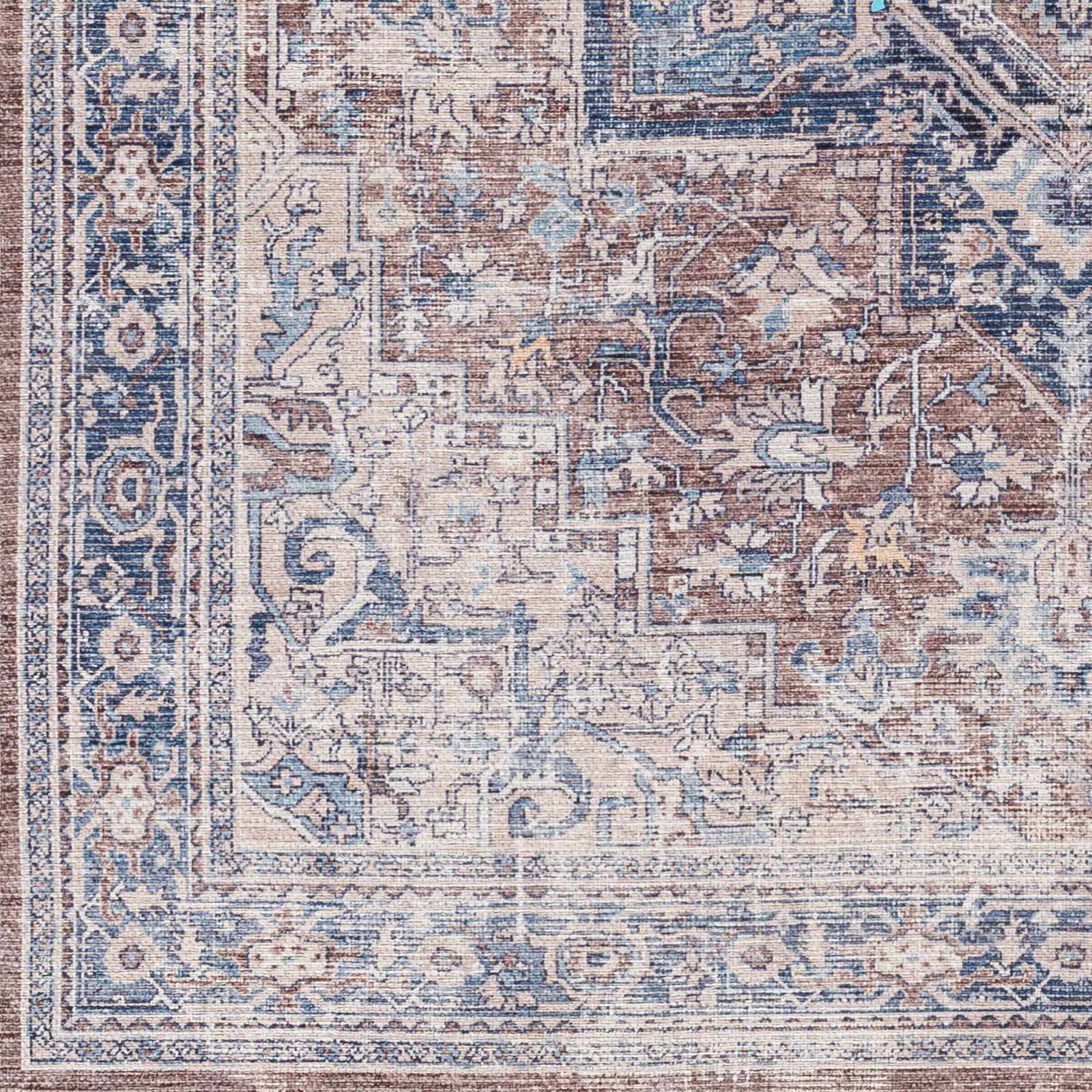Vintage Style Floral Brown, Blue and Peach Traditional Washable Area Rug - Image 8