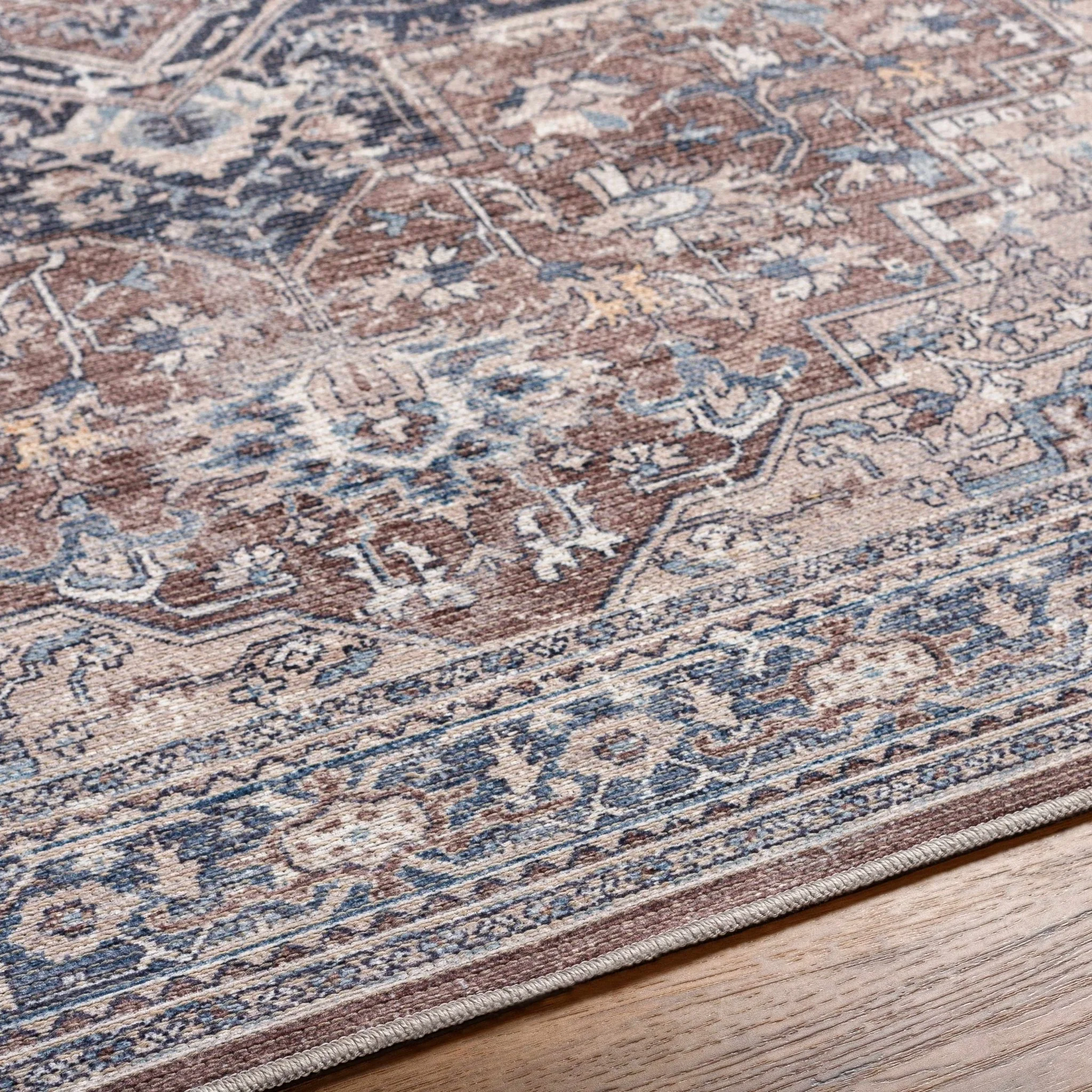 Vintage Style Floral Brown, Blue and Peach Traditional Washable Area Rug - Image 9