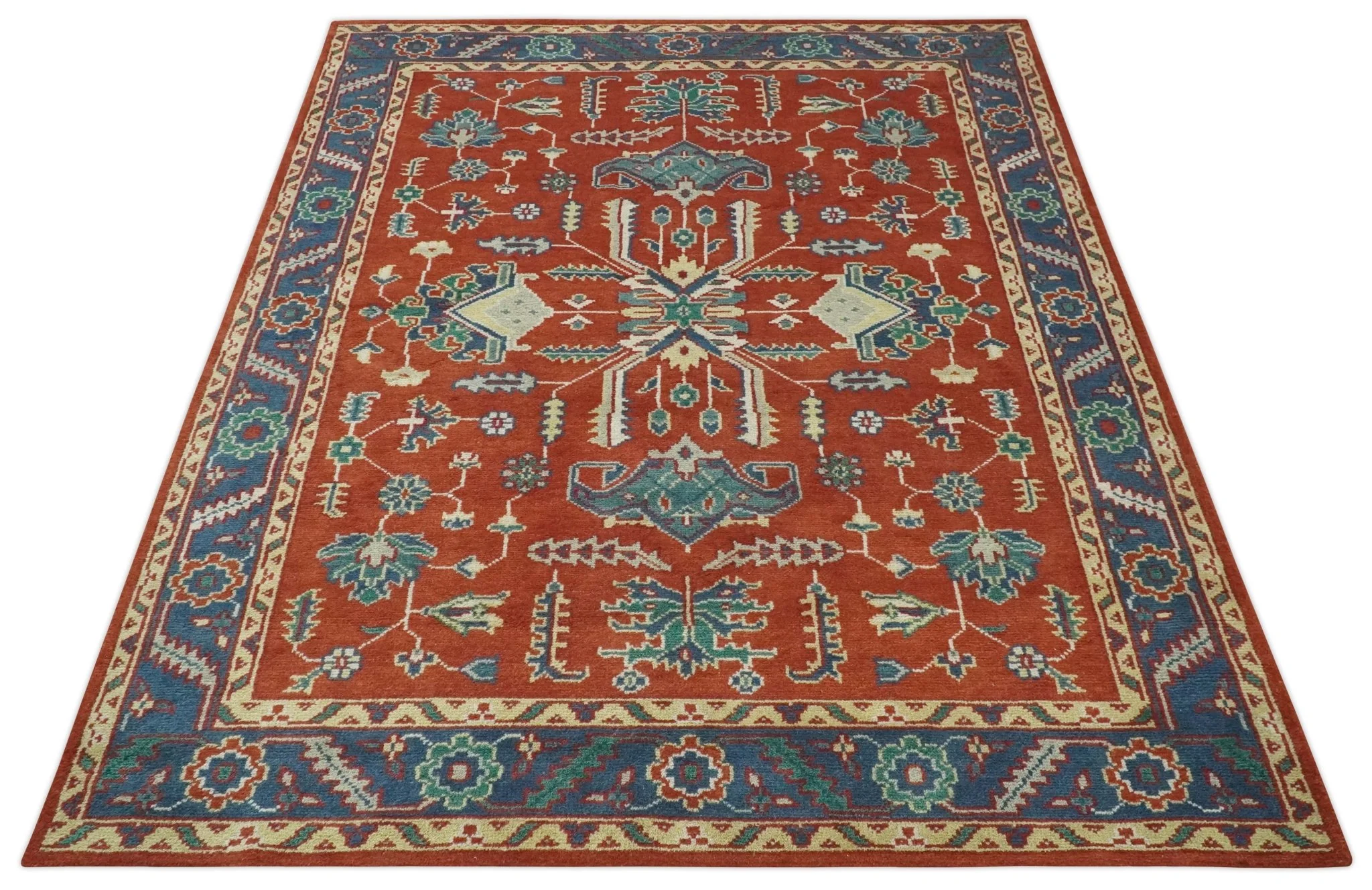 Traditional Floral Red, Blue, Beige and Green Hand Knotted Medallion Custom Made wool Area Rug - Image 10
