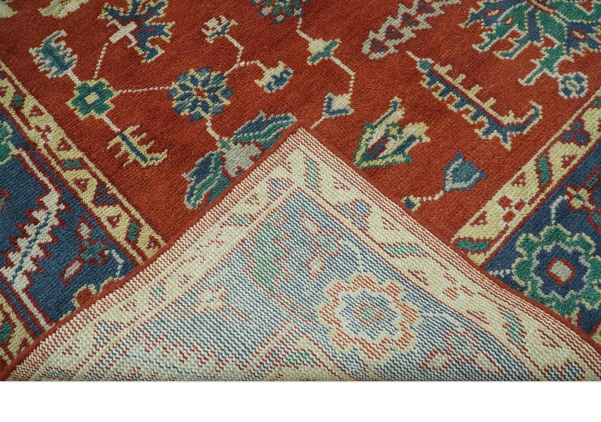 Traditional Floral Red, Blue, Beige and Green Hand Knotted Medallion Custom Made wool Area Rug - Image 7