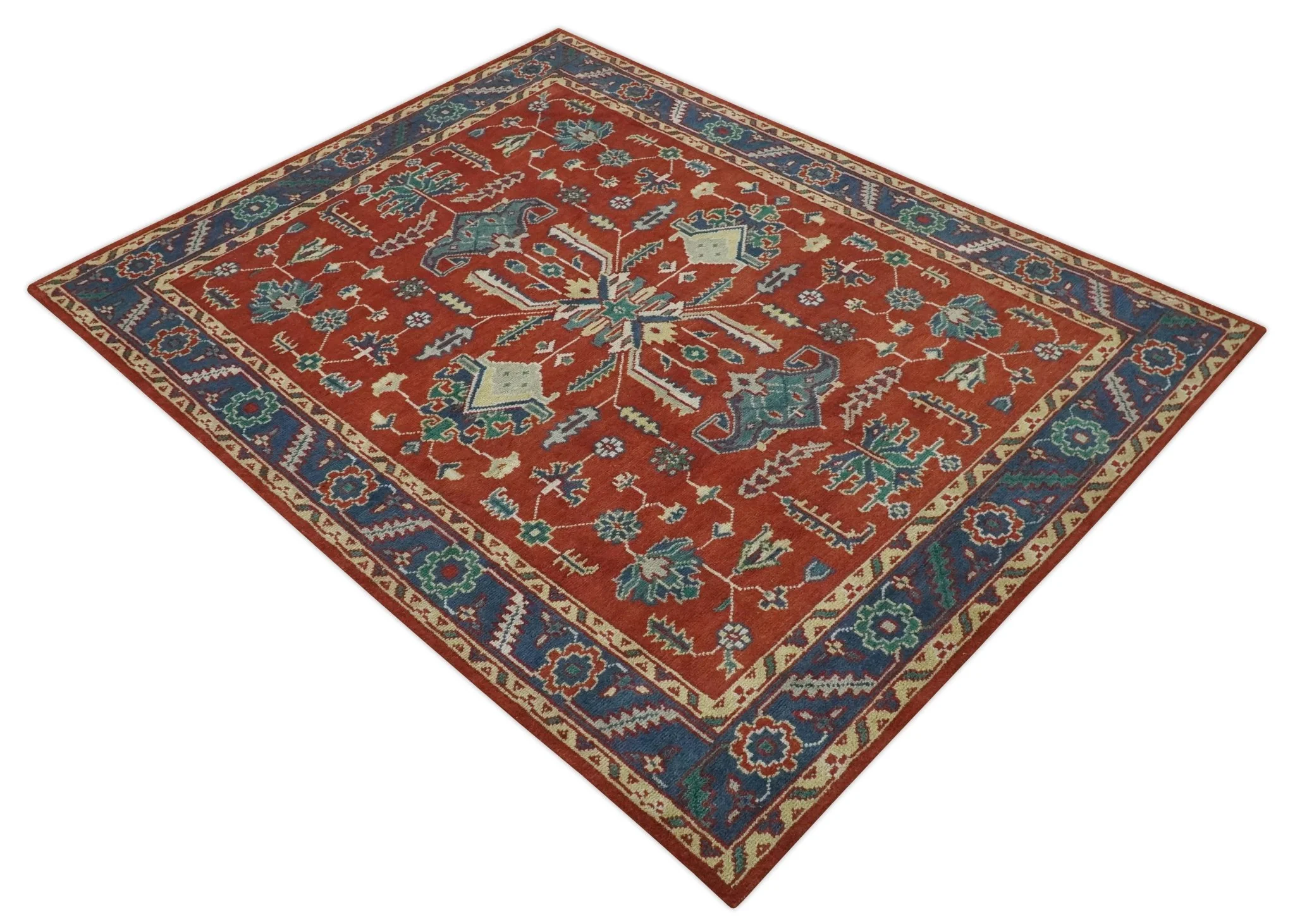 Traditional Floral Red, Blue, Beige and Green Hand Knotted Medallion Custom Made wool Area Rug - Image 9