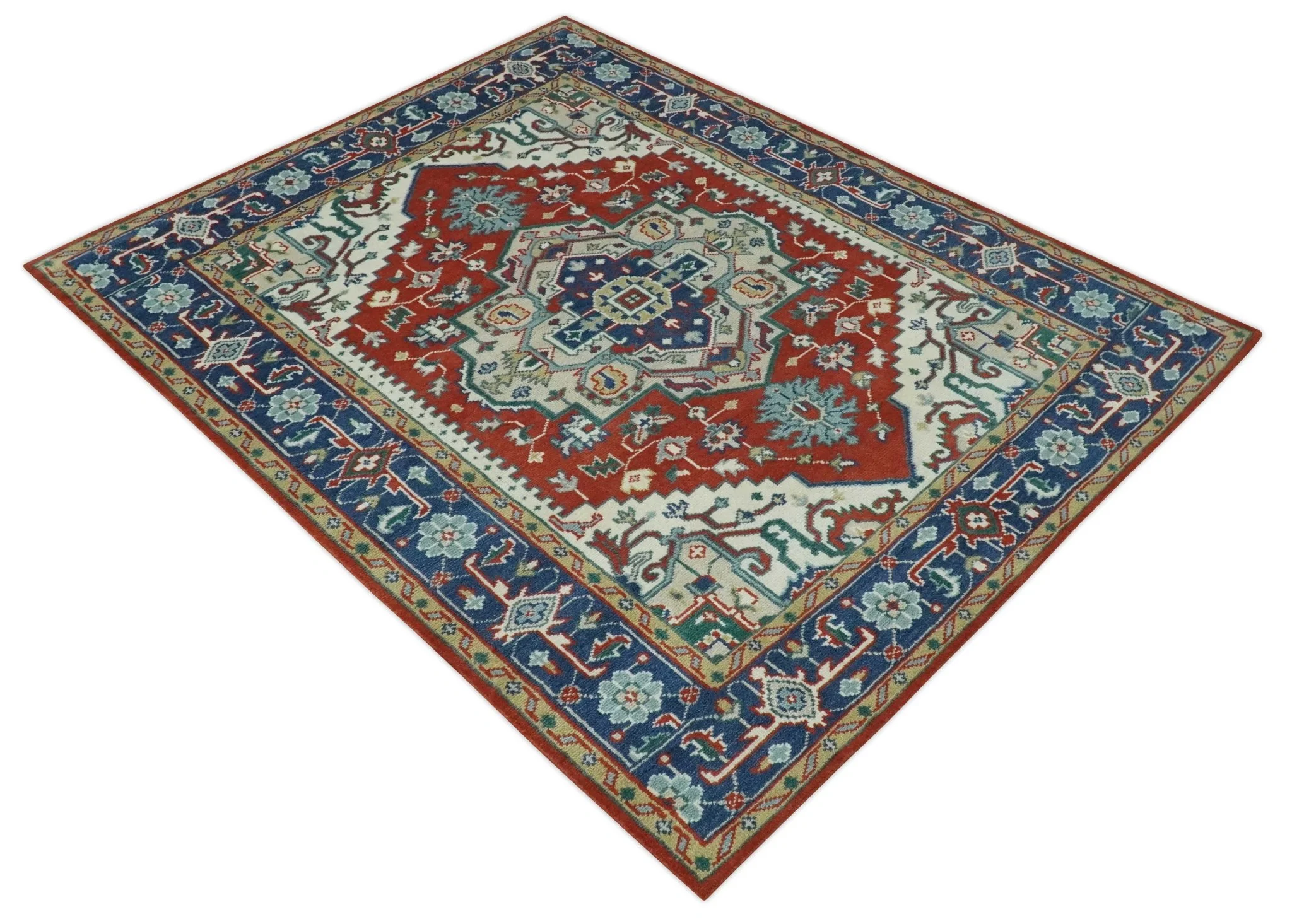 Custom Made Traditional Rust, Ivory and Blue Heriz Medallion Wool Area Rug - Image 10