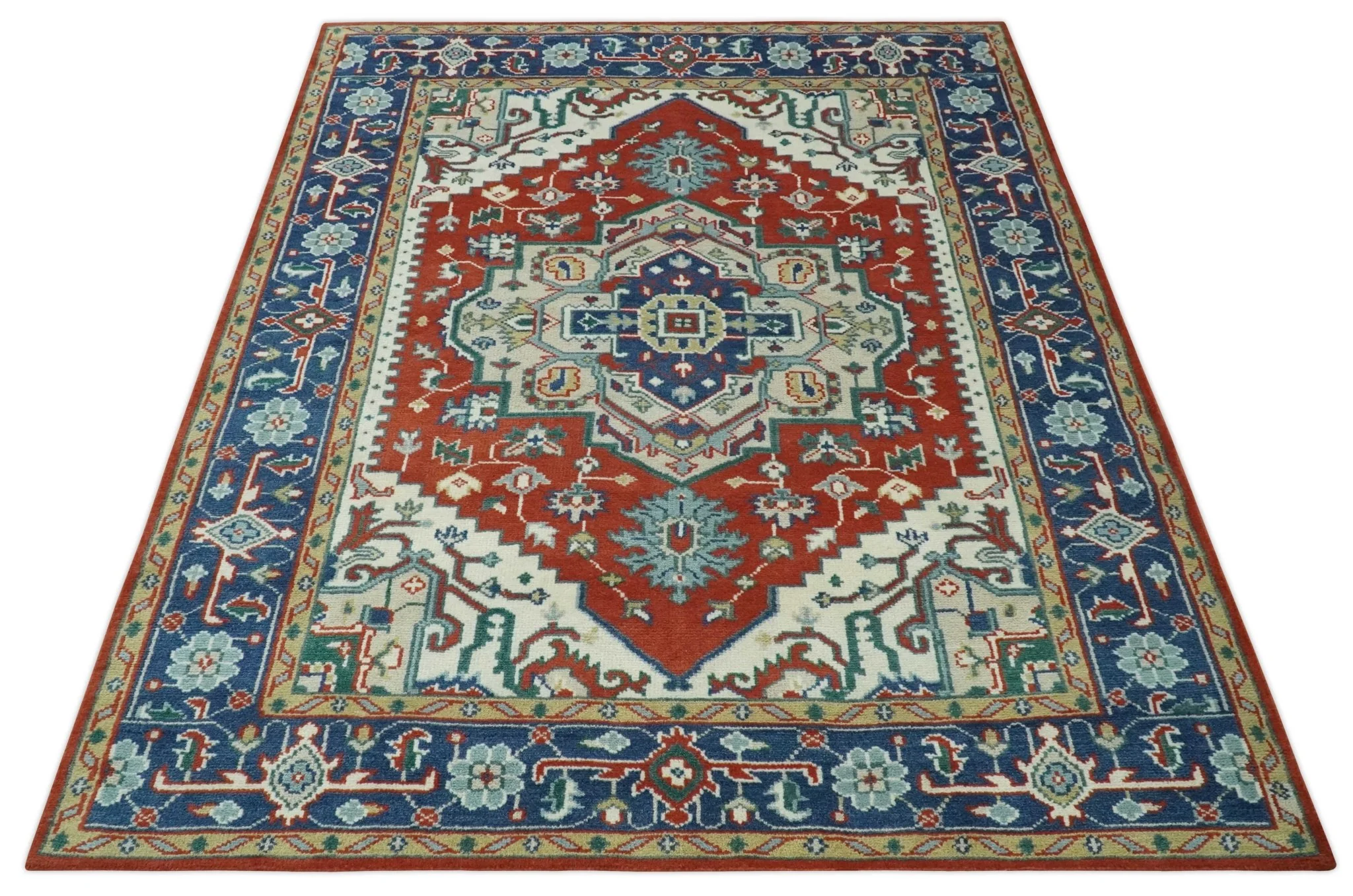 Custom Made Traditional Rust, Ivory and Blue Heriz Medallion Wool Area Rug - Image 11