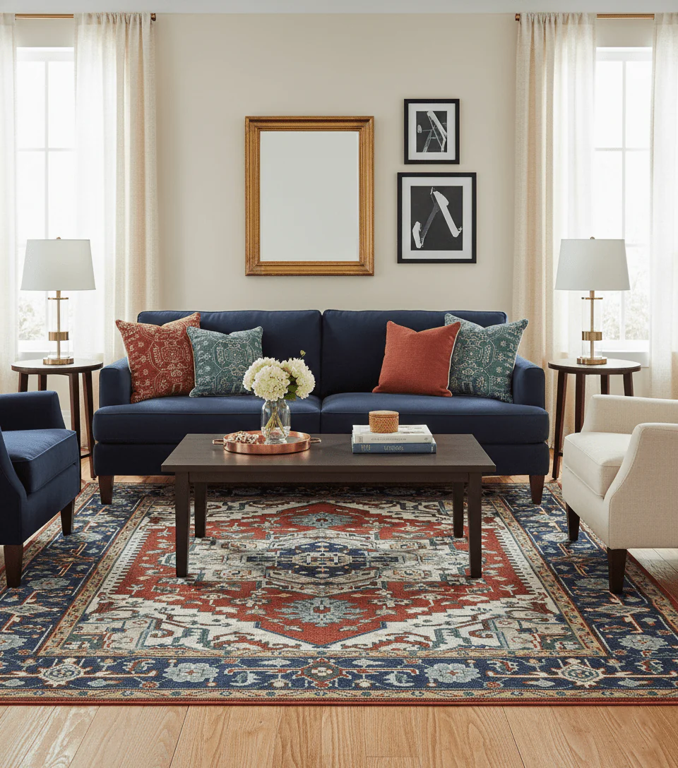 Custom Made Traditional Rust, Ivory and Blue Heriz Medallion Wool Area Rug - Image 2