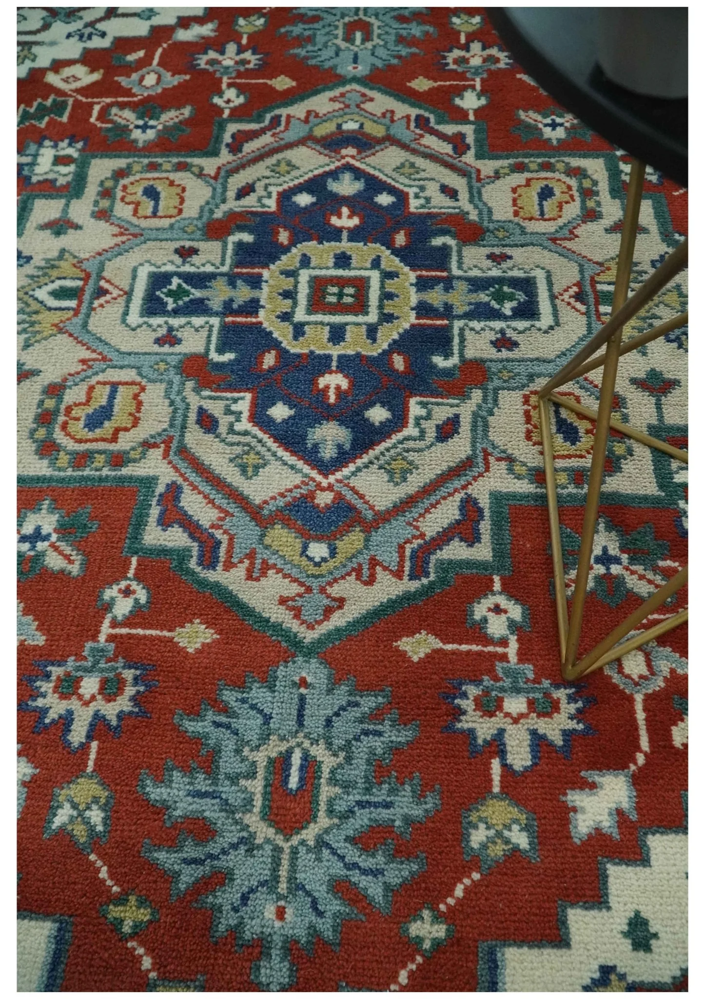 Custom Made Traditional Rust, Ivory and Blue Heriz Medallion Wool Area Rug - Image 3