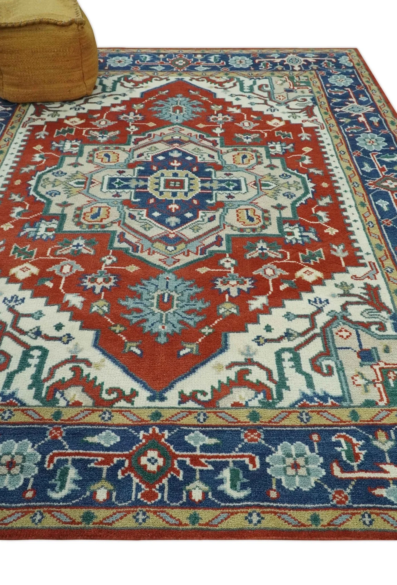 Custom Made Traditional Rust, Ivory and Blue Heriz Medallion Wool Area Rug - Image 4