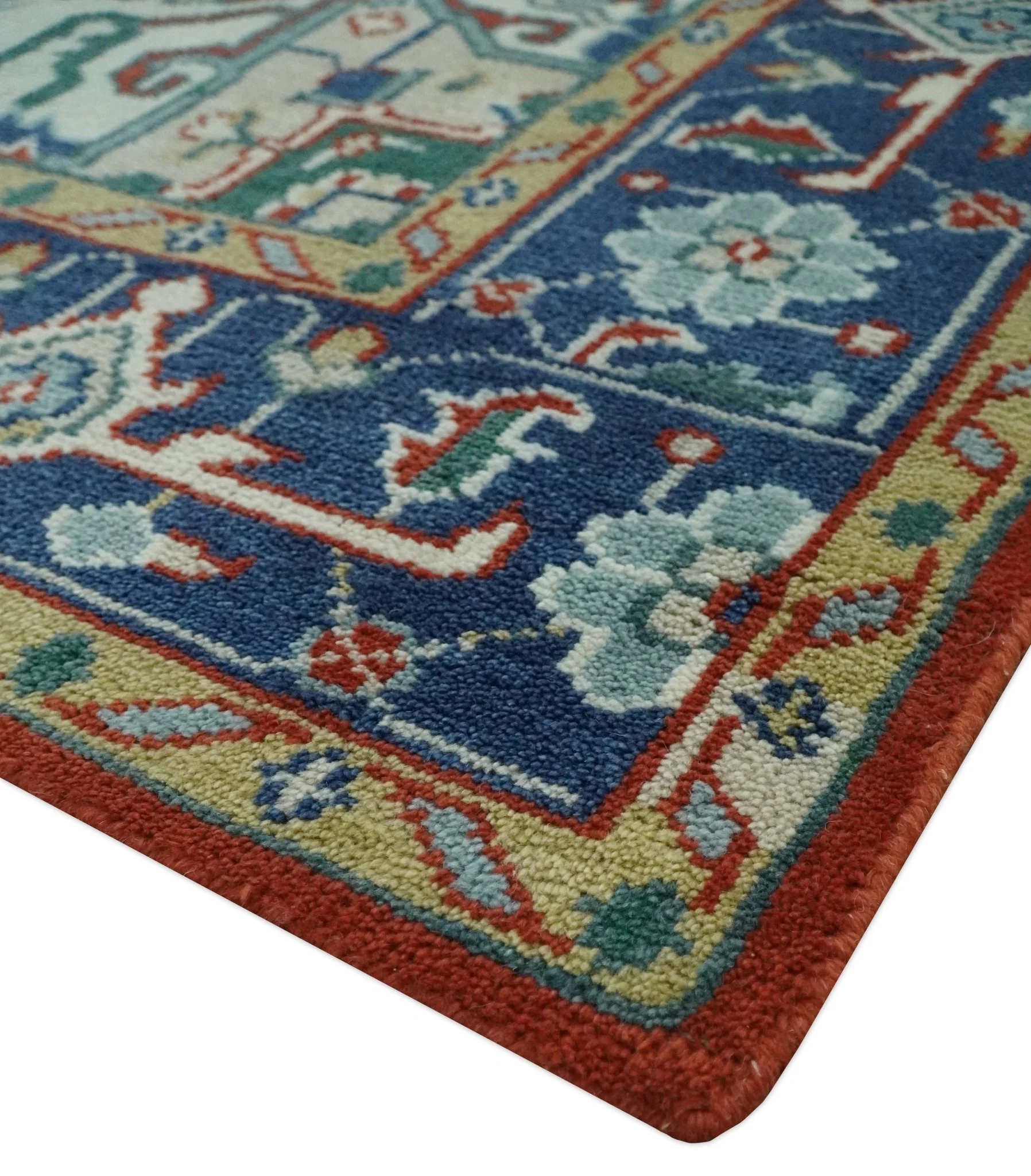 Custom Made Traditional Rust, Ivory and Blue Heriz Medallion Wool Area Rug - Image 6