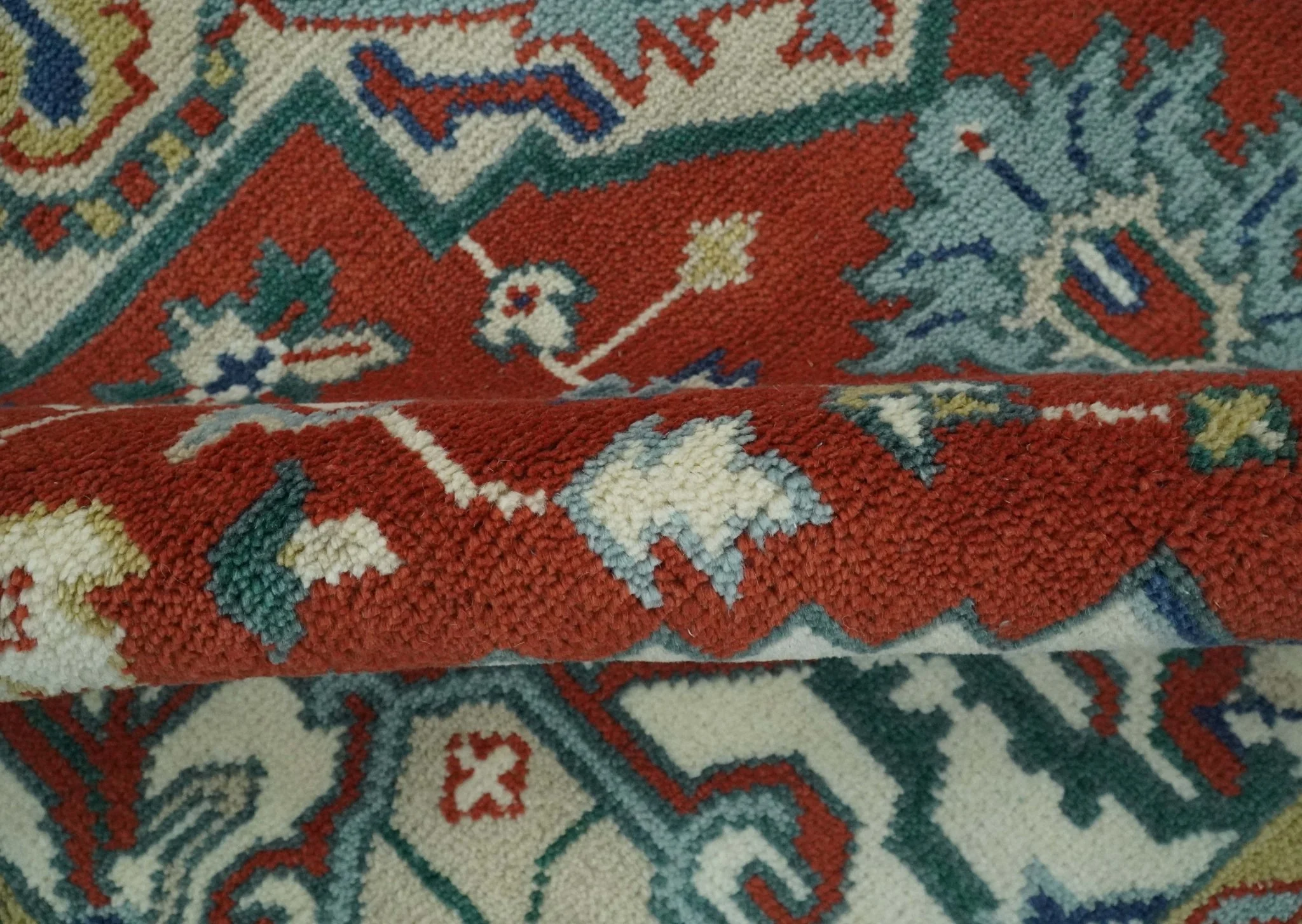 Custom Made Traditional Rust, Ivory and Blue Heriz Medallion Wool Area Rug - Image 7