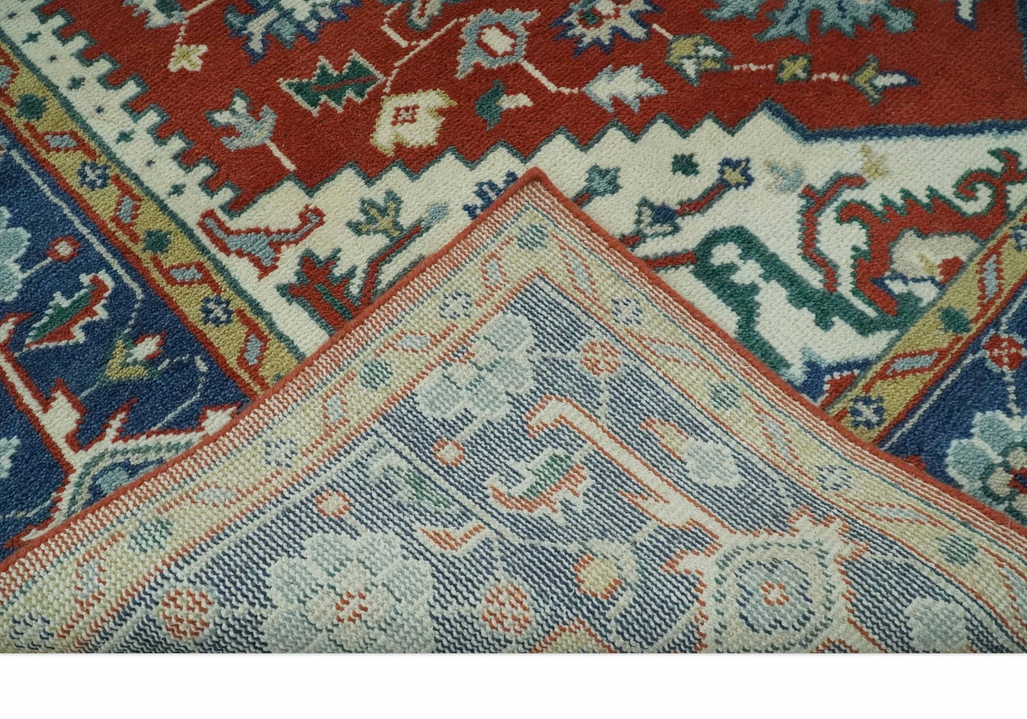 Custom Made Traditional Rust, Ivory and Blue Heriz Medallion Wool Area Rug - Image 8