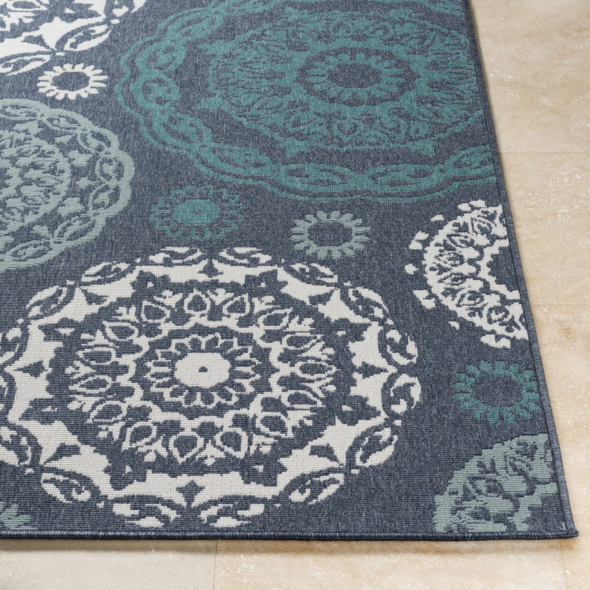 Contemporary Floral Design Charcoal, Teal. White, Blue Multi Size Area Rug - Image 10