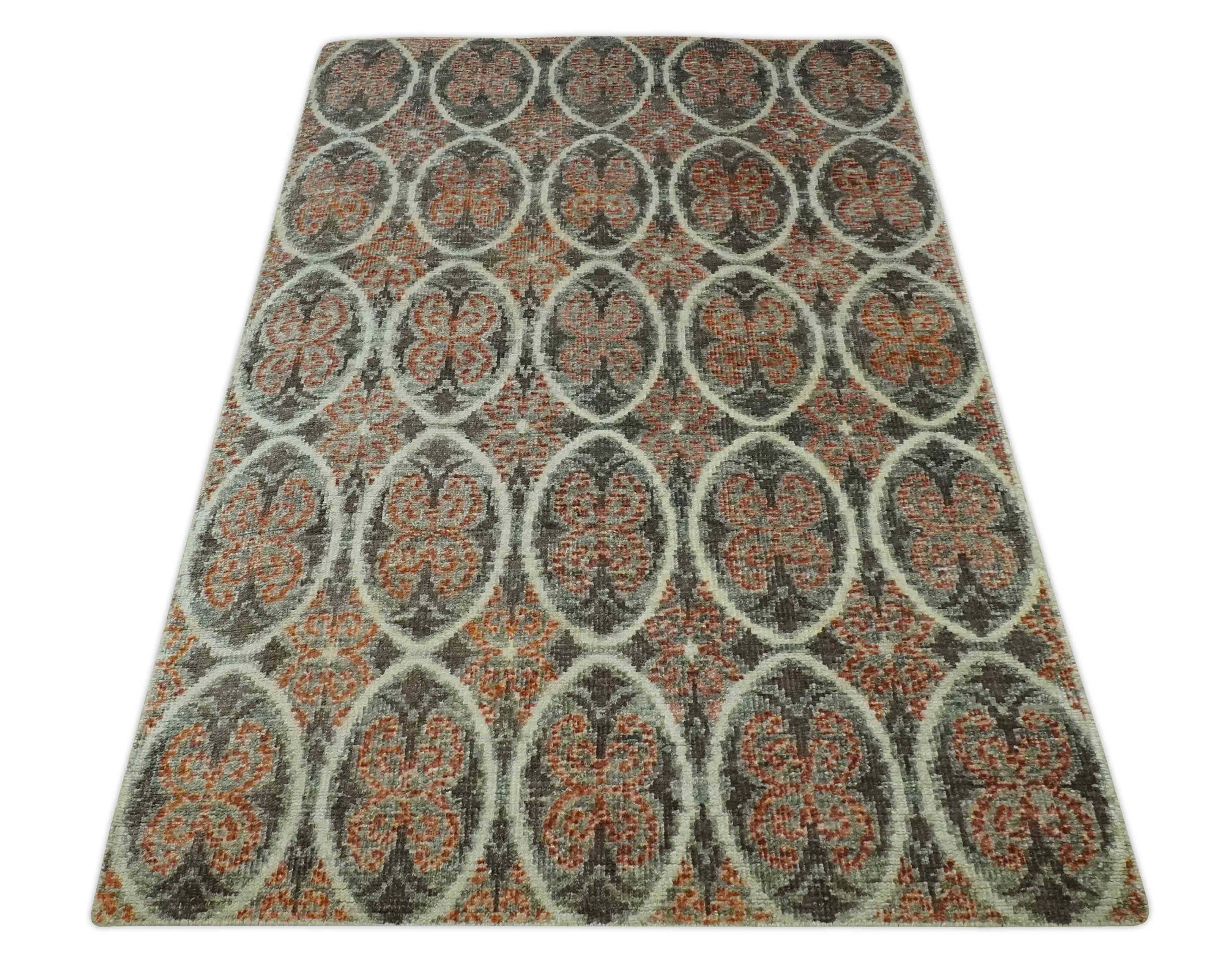 Geometrical Floral Design 5x8.6 Charcoal, Ivory and Rust Hand Knotted wool rug - Image 10