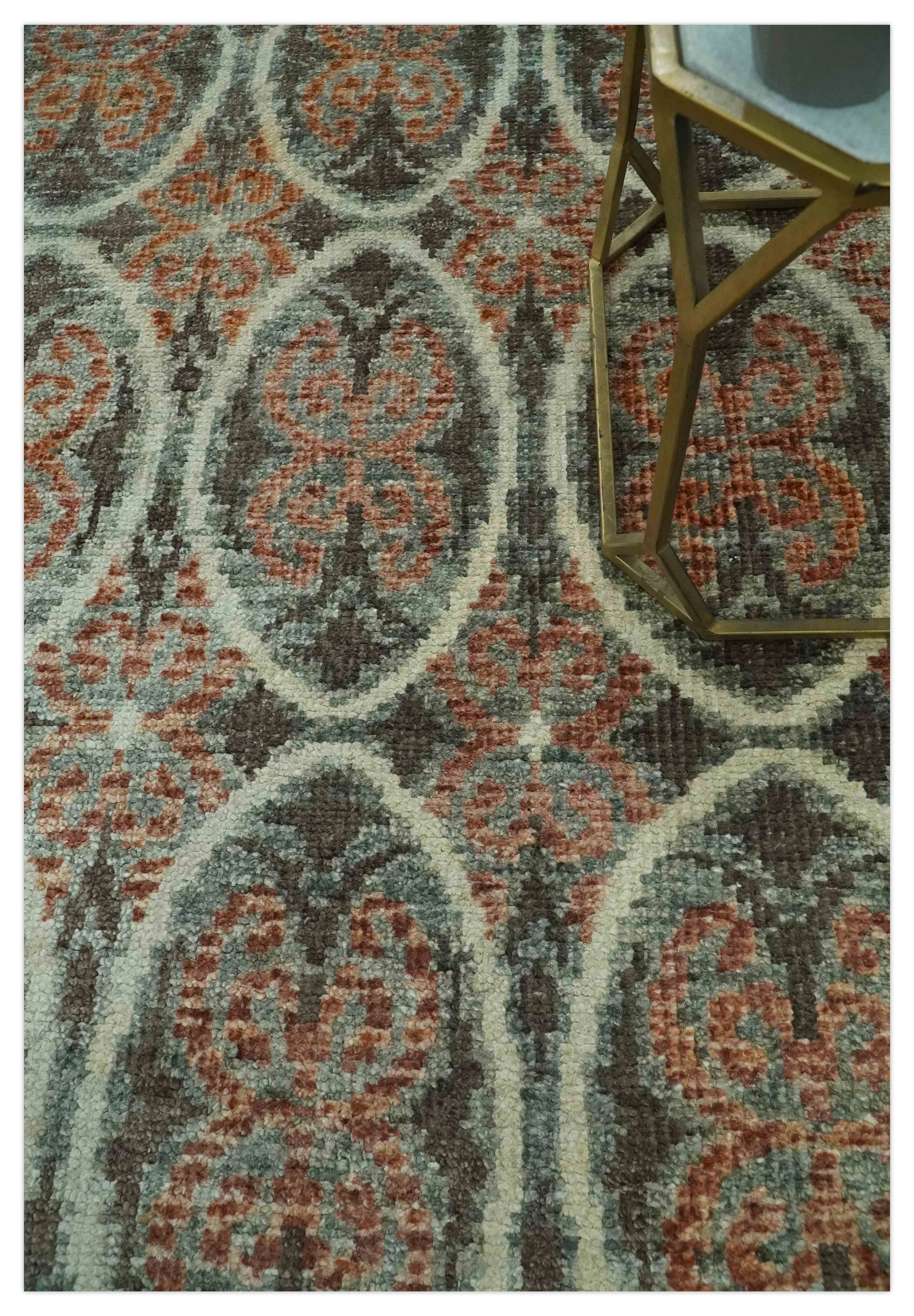 Geometrical Floral Design 5x8.6 Charcoal, Ivory and Rust Hand Knotted wool rug - Image 2