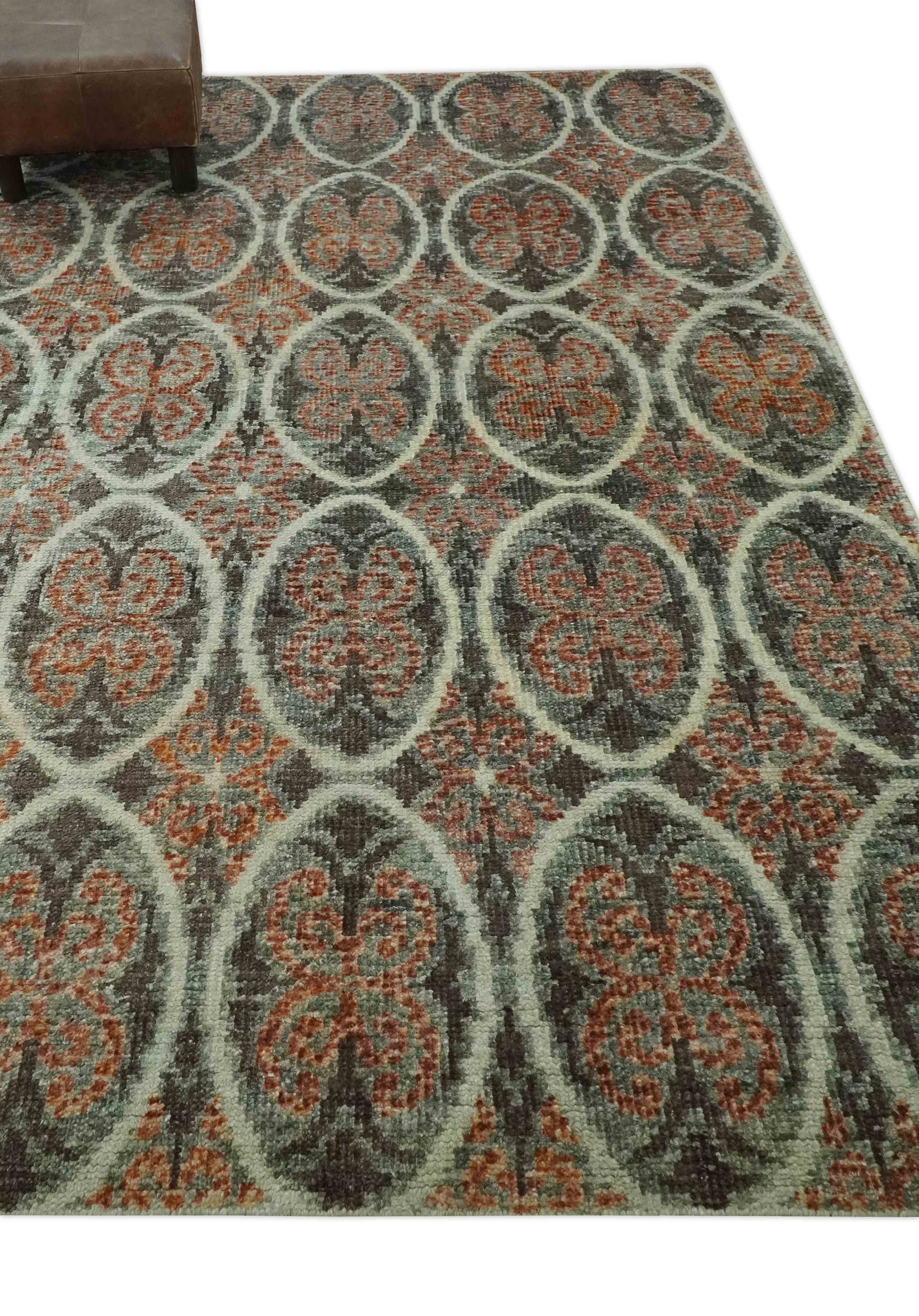 Geometrical Floral Design 5x8.6 Charcoal, Ivory and Rust Hand Knotted wool rug - Image 3