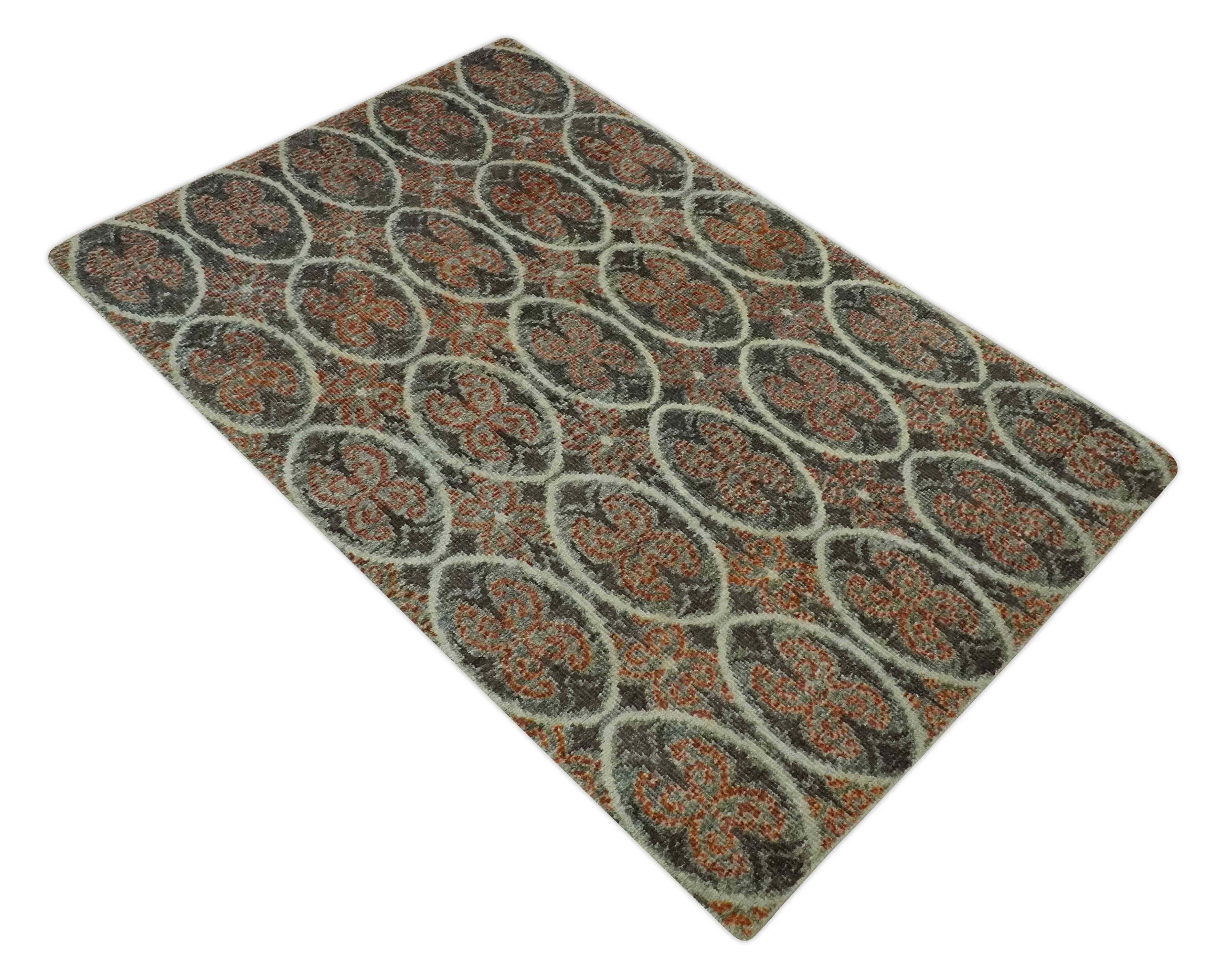 Geometrical Floral Design 5x8.6 Charcoal, Ivory and Rust Hand Knotted wool rug - Image 9