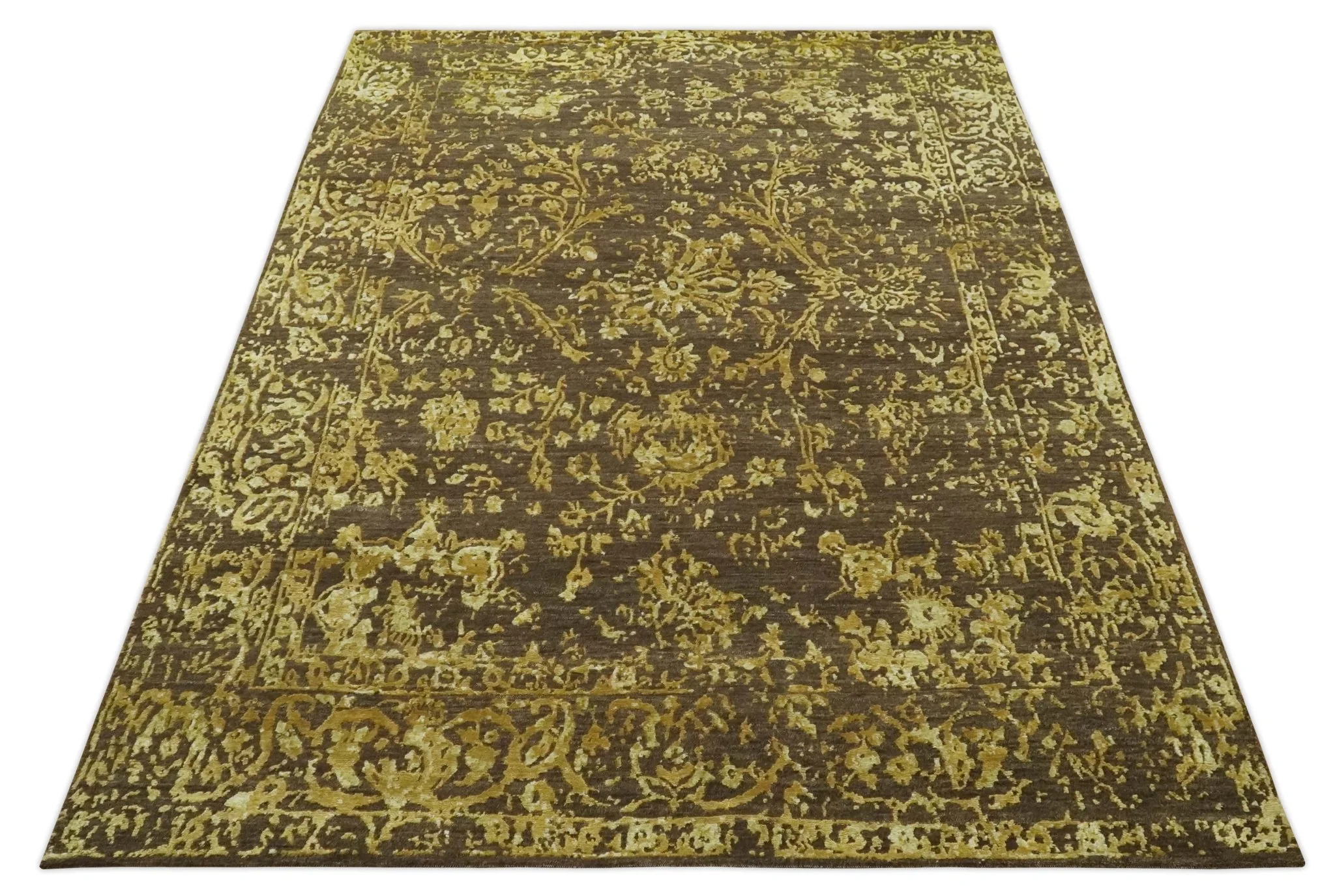Floral Premium look Gold and Brown Hand Knotted 6x9 wool and art silk Area Rug - Image 10