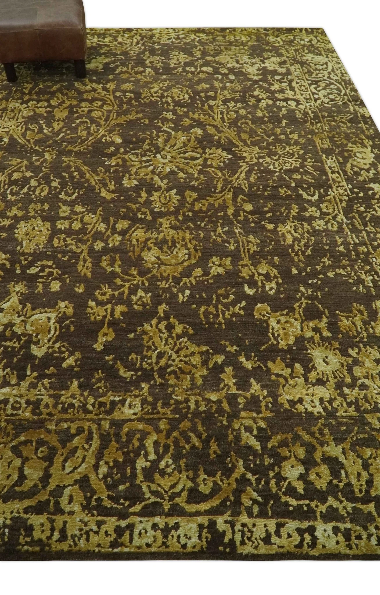 Floral Premium look Gold and Brown Hand Knotted 6x9 wool and art silk Area Rug - Image 3