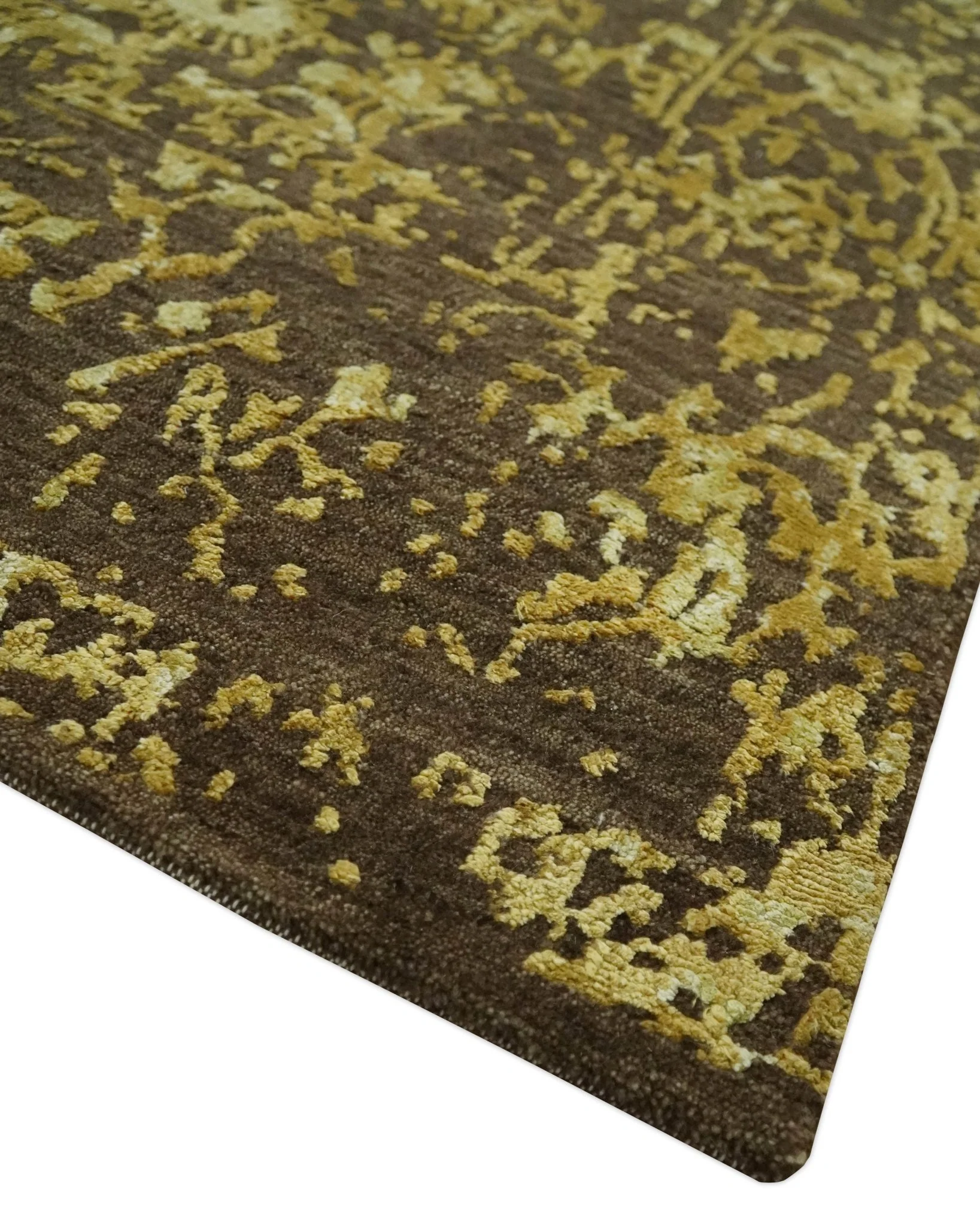 Floral Premium look Gold and Brown Hand Knotted 6x9 wool and art silk Area Rug - Image 5