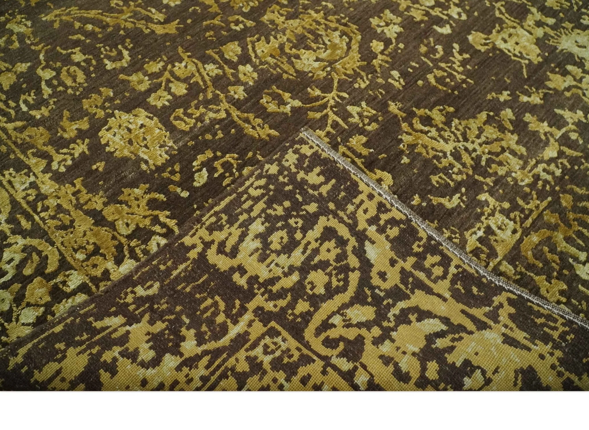 Floral Premium look Gold and Brown Hand Knotted 6x9 wool and art silk Area Rug - Image 7