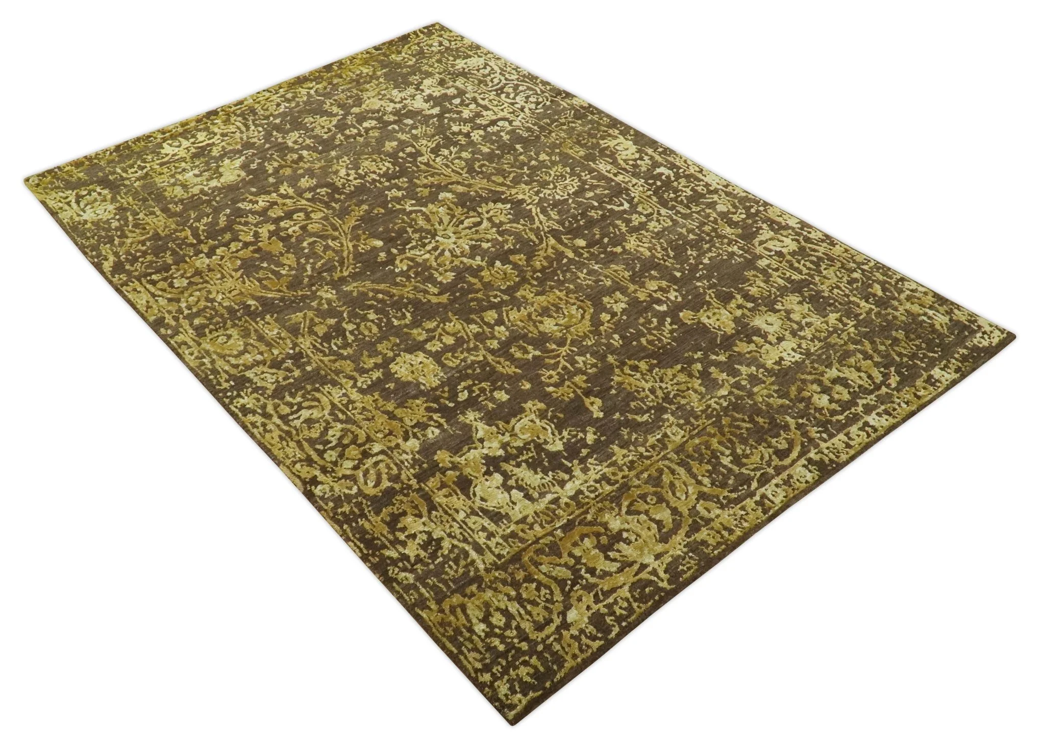 Floral Premium look Gold and Brown Hand Knotted 6x9 wool and art silk Area Rug - Image 9